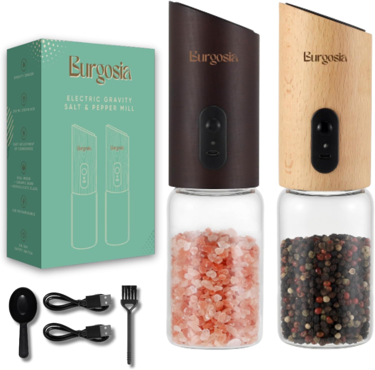 Wooden Gravity Pepper and Salt Grinder | Real Wood Electric Refillable Spice Mill Grinder | Adjustable Coarseness One Hand Automatic Operation | USB Rechargeable with LED Charging Light