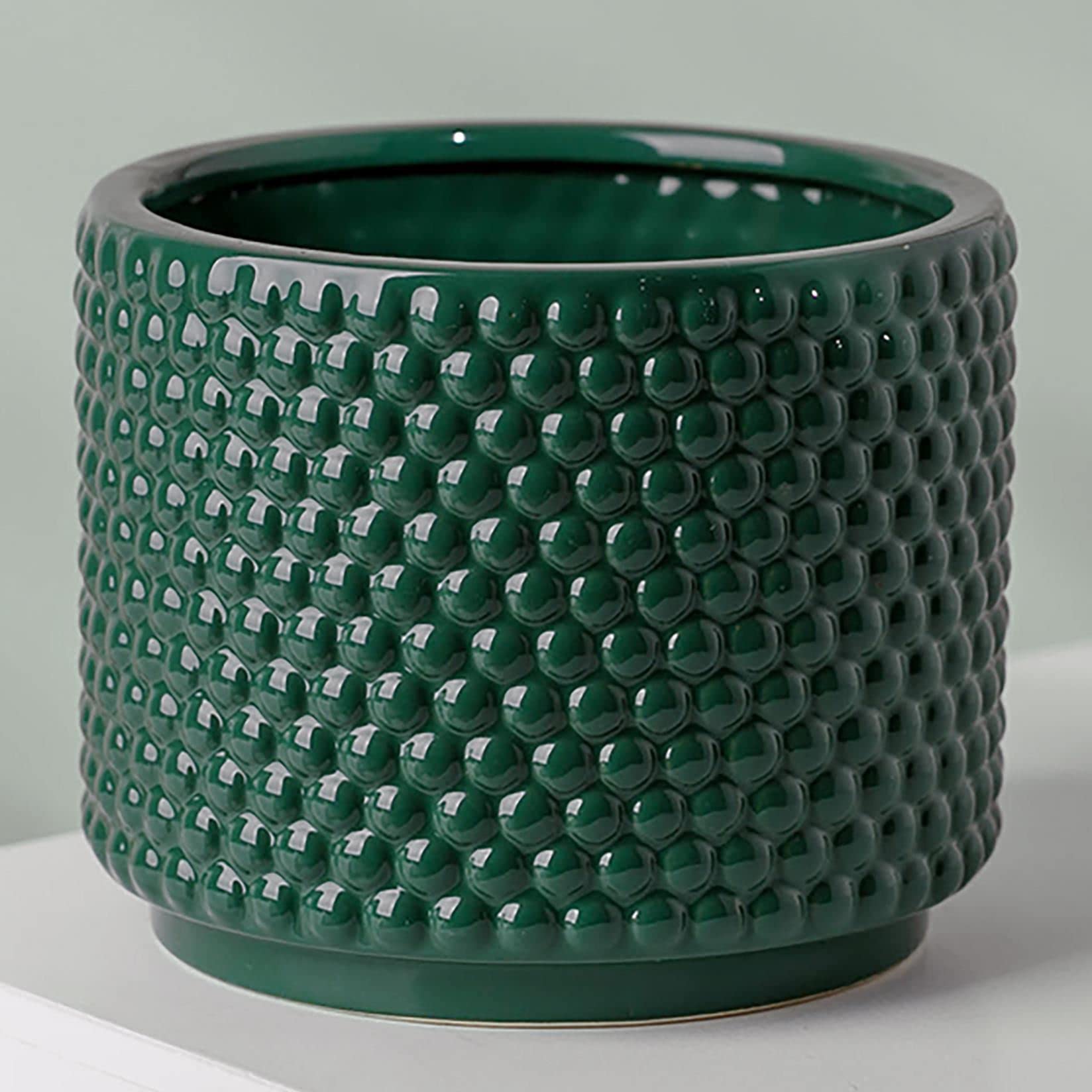 Leaf Design Ceramic Cachepot Planter With Bamboo Stand - Gold Dot, 23.5cm Tall, For Indoor Plants