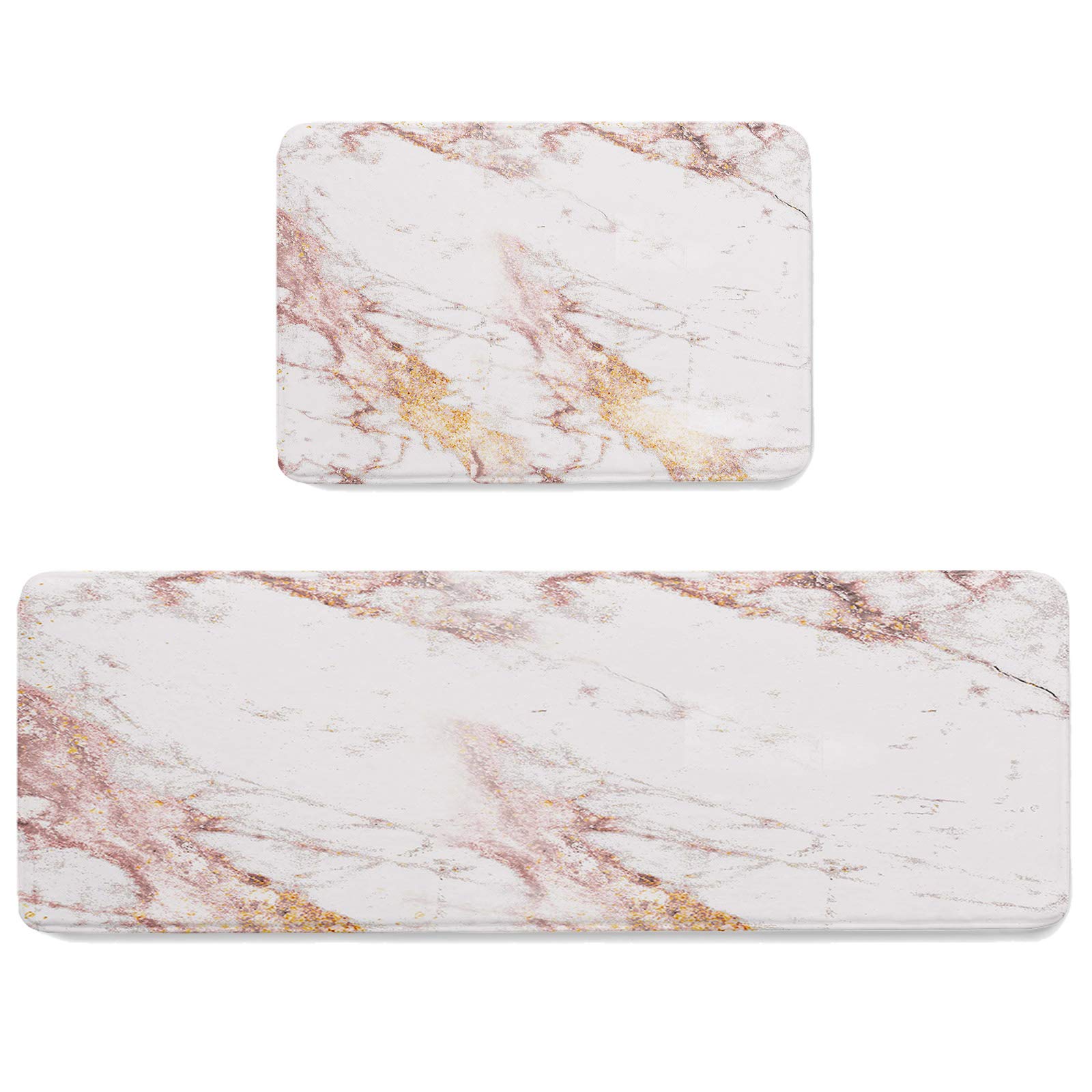 2 Pieces Kitchen Rugs Set Rose Gold Marble Gradient Stripe Area Rug,Absorbent Bath Mats Soft Doormat Anti Fatigue Floor Mat Modern Abstract Art,Non-Slip Cushion Standing Mats