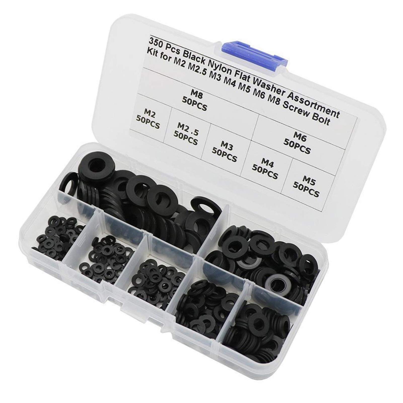 Unterlegscheibe, 350-tlg. schwarzes Nylon-Unterlegscheiben-Sortiment M2/M2,5/M3/M4/M5/M6/M8, Hardware-Zubehör, Befestigungselemente für die Metallbearbeitung, Verschiedene Haushaltsgegenstän