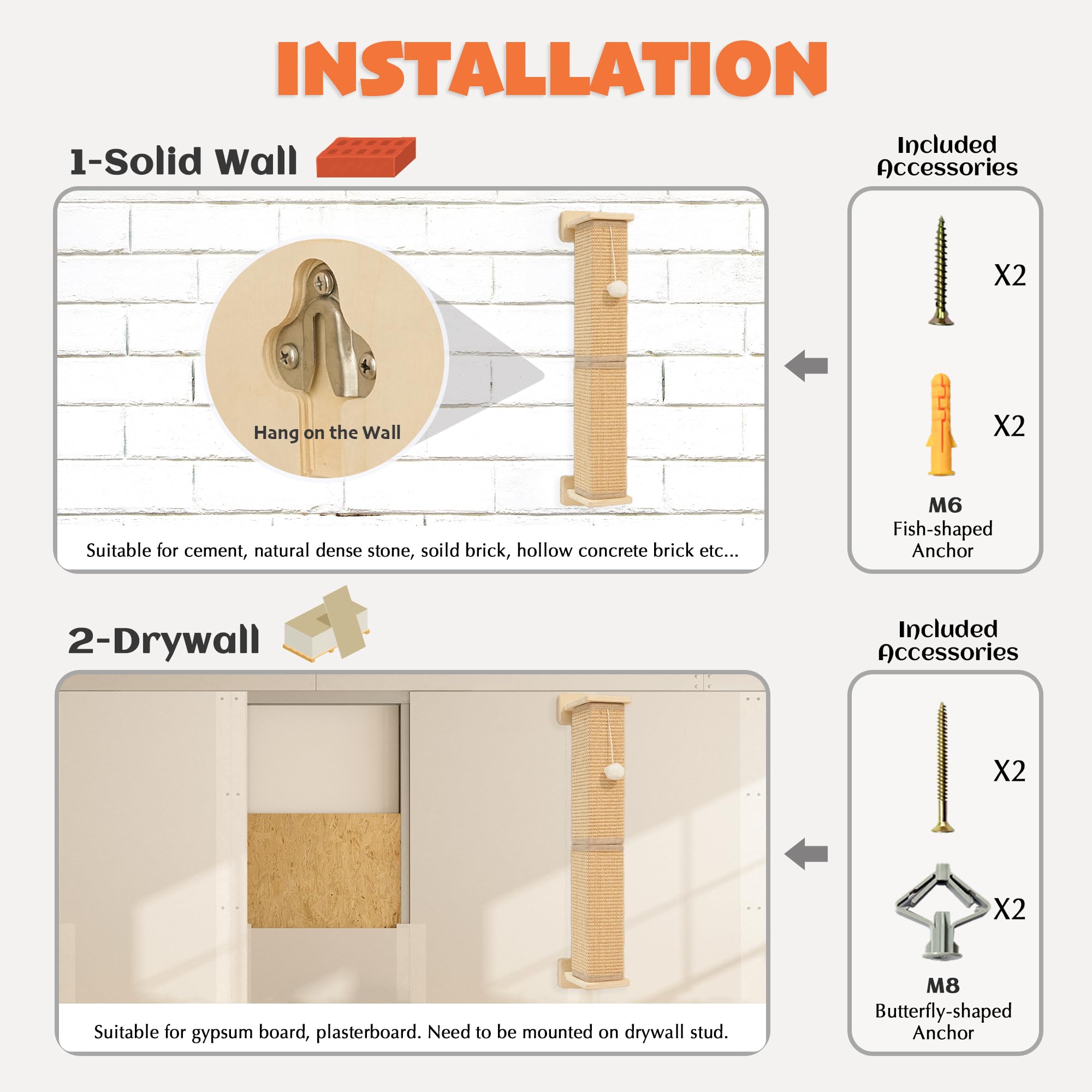 PETKARAY Poste rascador montado en la pared, poste rascador de sisal de 30 pulgadas para gatos de interior, rascador cuadrado para gatos con bola de juguete, almohadilla grande para rascar sisal