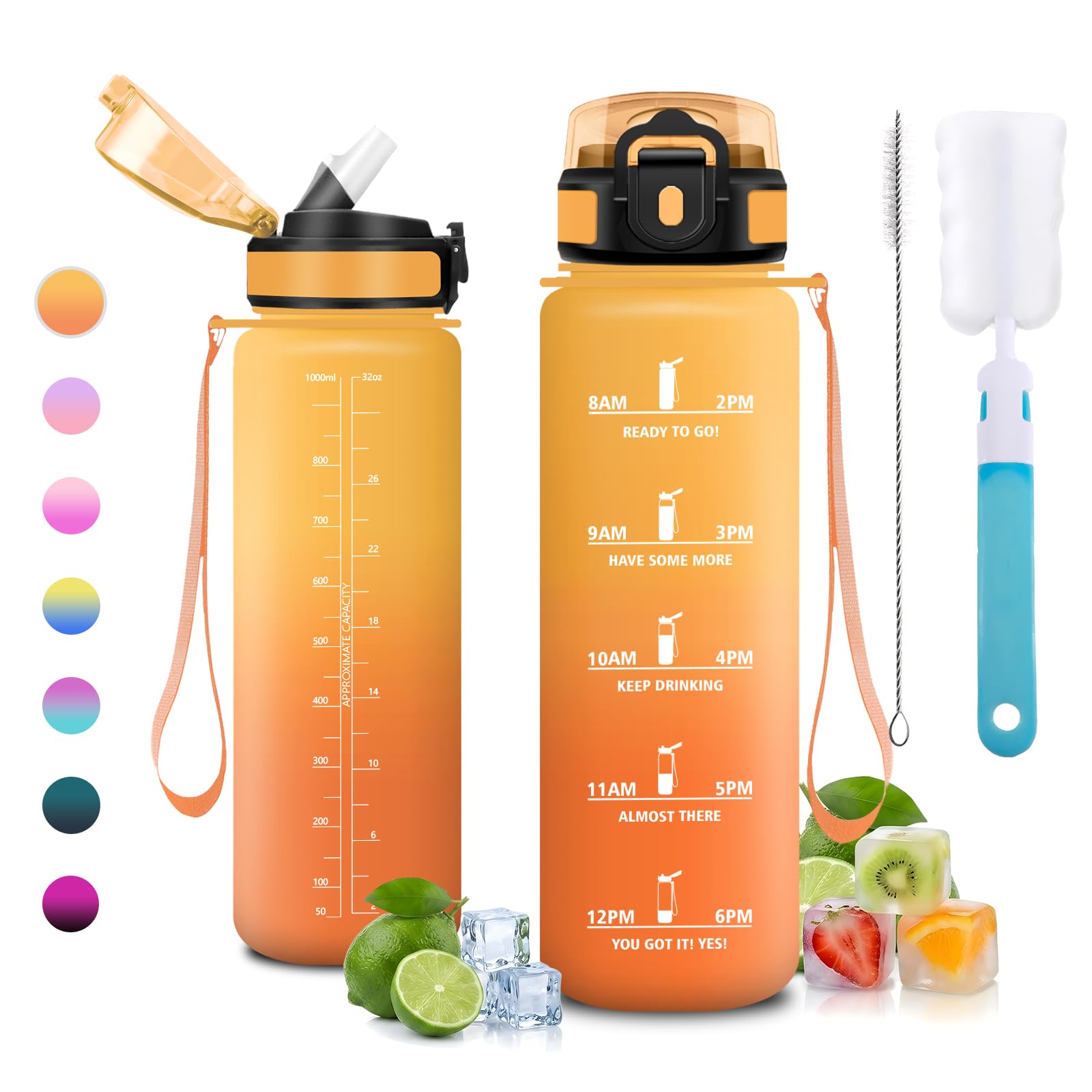 JAPORIA 1L Reusable Water Bottle with Straw BPA Free Water Bottles with Time Markers Leak Proof for School, Hiking, Camping