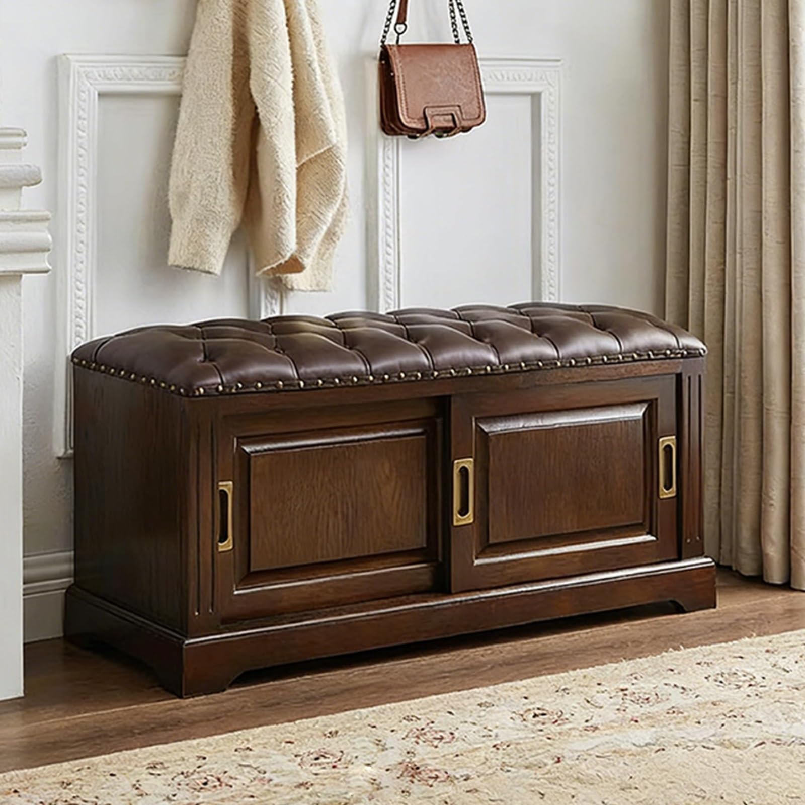 Banco de almacenamiento de cuero para pie de cama en dormitorios modernos