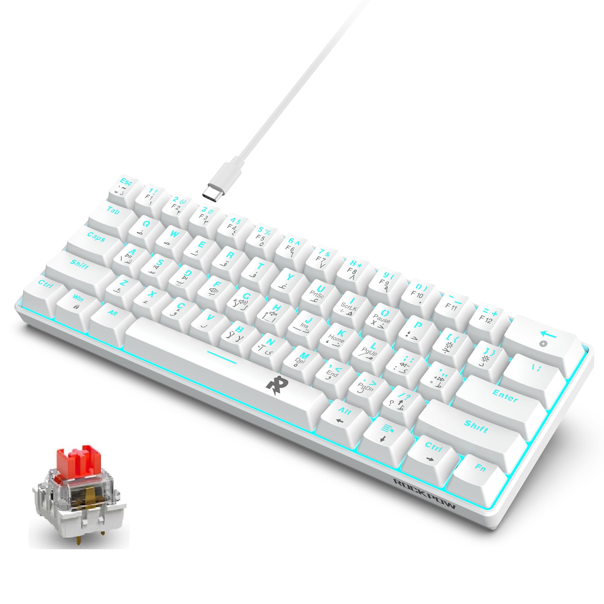 ROCK POW English Arabic 60% Wired Mechanical Gaming Keyboard, 61keys Ice Blue Backlit Ultra-Compact Mini Keyboard, Mini Compact Keyboard for PC/Mac Gamer, Typist, Easy Carry on Trip Red Switch