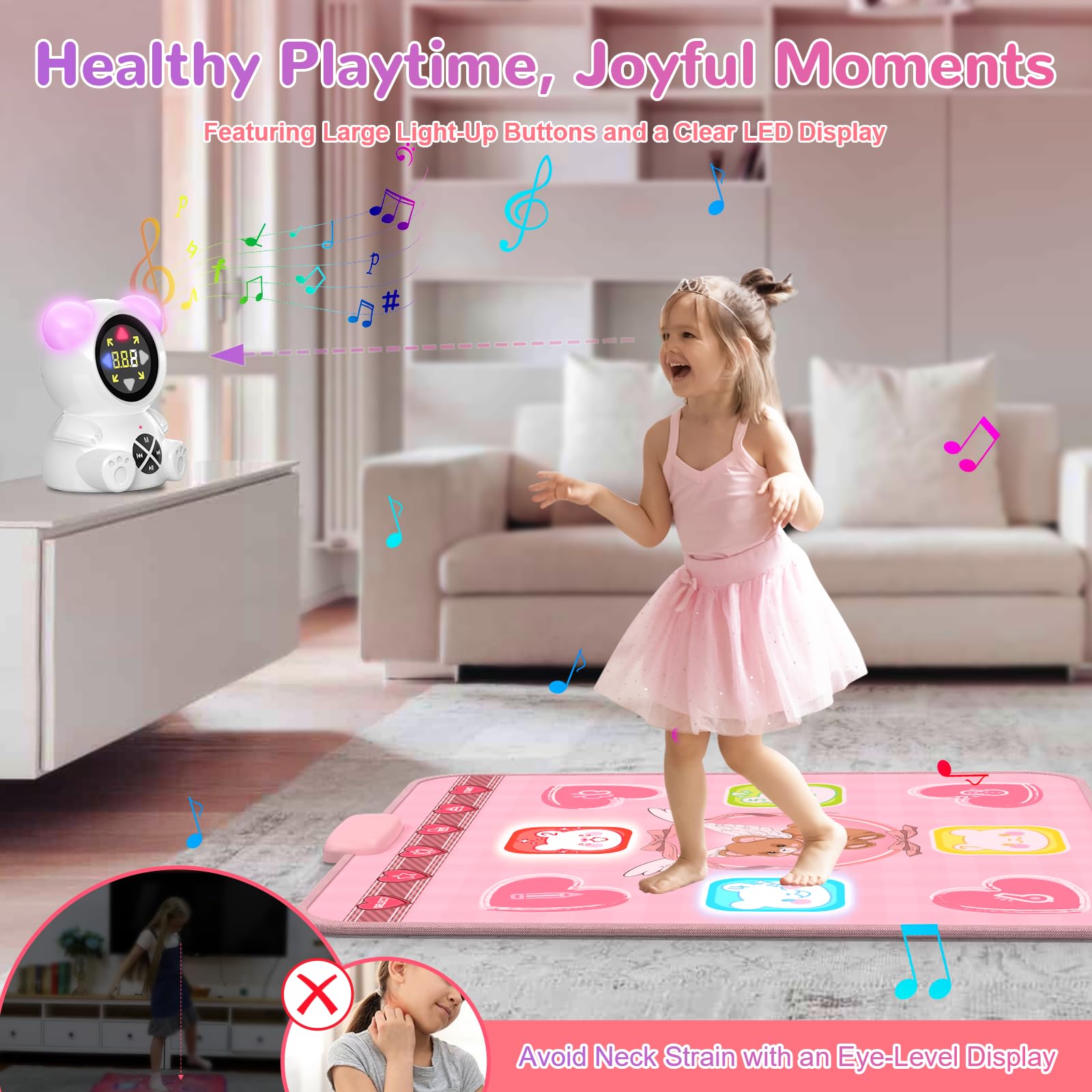 Acelufly Rechargeable Dance Mat Toy for Girls, Light Up Dance Mat with Wireless Bluetooth, 5 Game Modes, Adjustable Volume & LED Lights, Gifts for 3-12 Year Old Kids (Pink