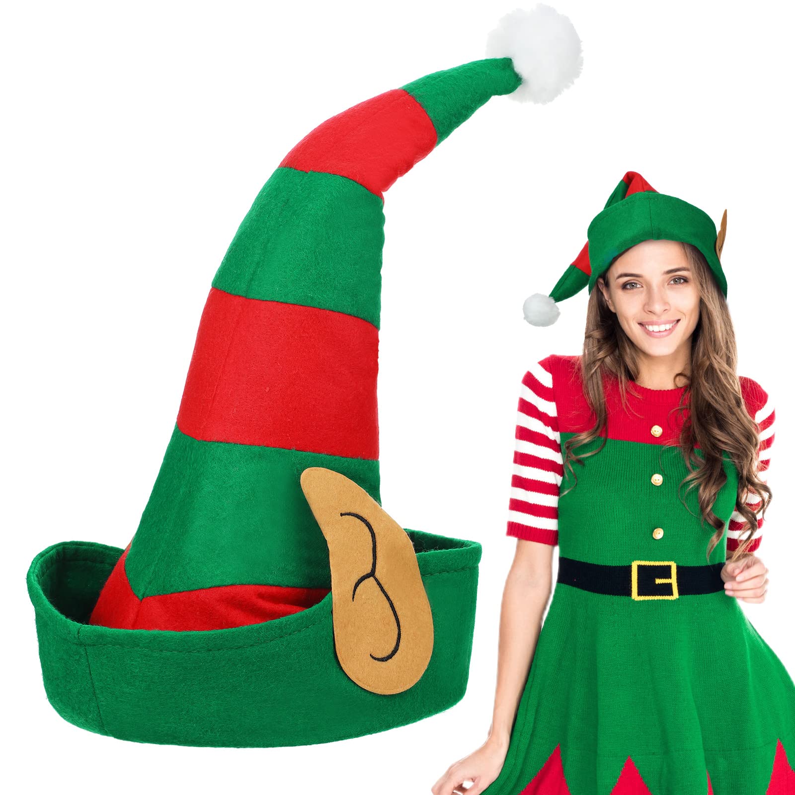 SATINIOR Christmas Elf Hat with Elf Ears for Adults Popping out Elf Ears Novelty Xmas Hats Funny Red and Green Christmas Hat with Plush Pom for Women Men Fancy Dress Costume
