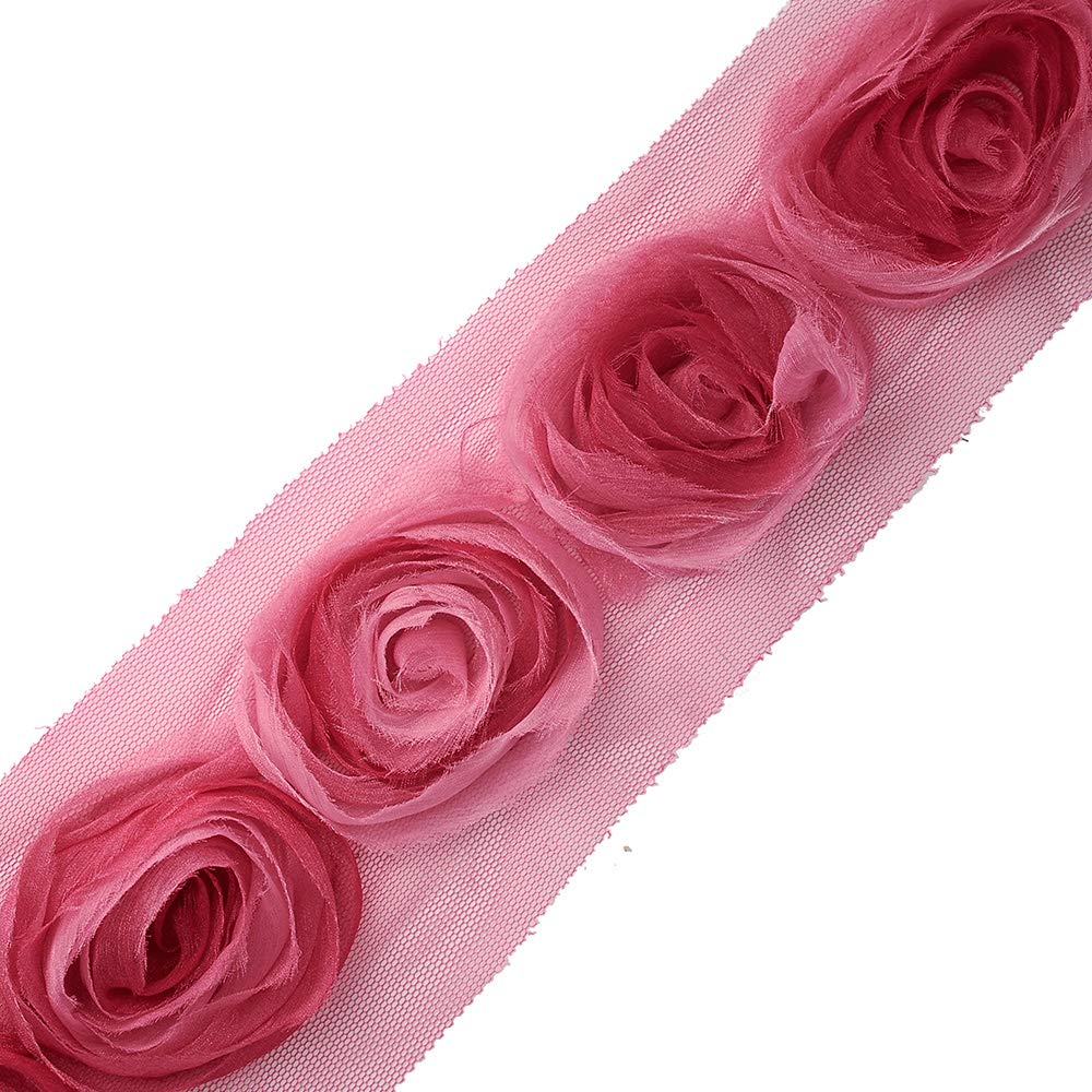 eJoyce3" Chiffon Flower Lace Trim on Mesh by 2-Yards, TR-10507 (Pink)