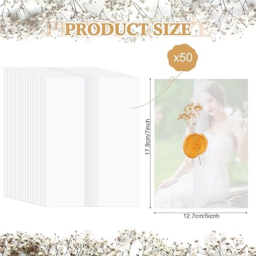 Miniatura 2 de Juego de 50 envolturas de invitaciones de boda, 50 piezas de papel preplegadas de vellum para invitaciones de 5 x 7 pulgadas, 100 flores naturales