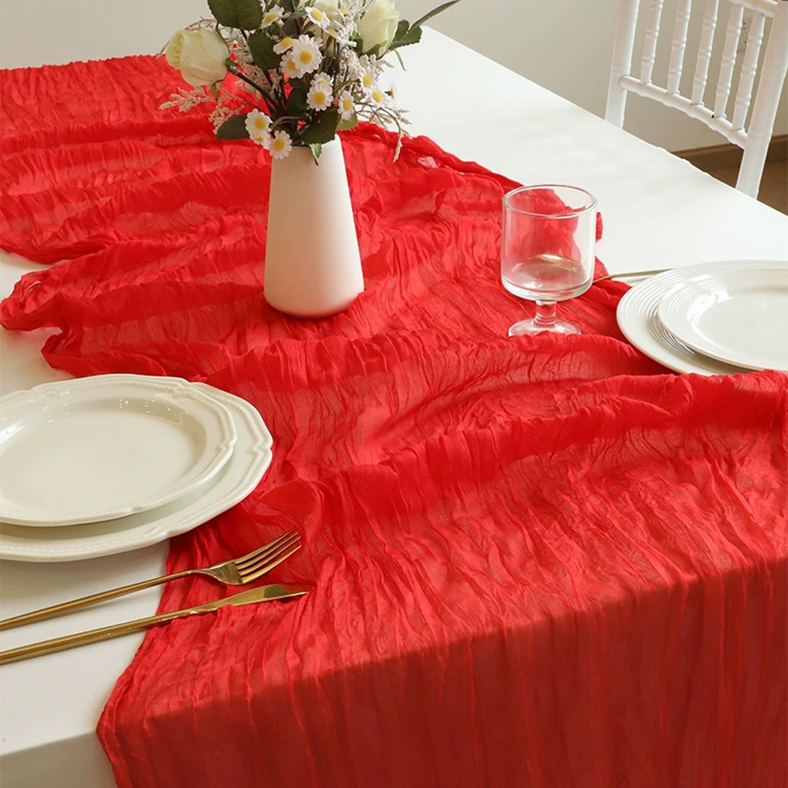 Camino de mesa transparente de tul rojo brillante, tela de encaje de temporada, cortinas para manualidades, bodas, cumpleaños, fiestas, picnics, decoración de Navidad, 10 paquetes (90 x 400 cm)