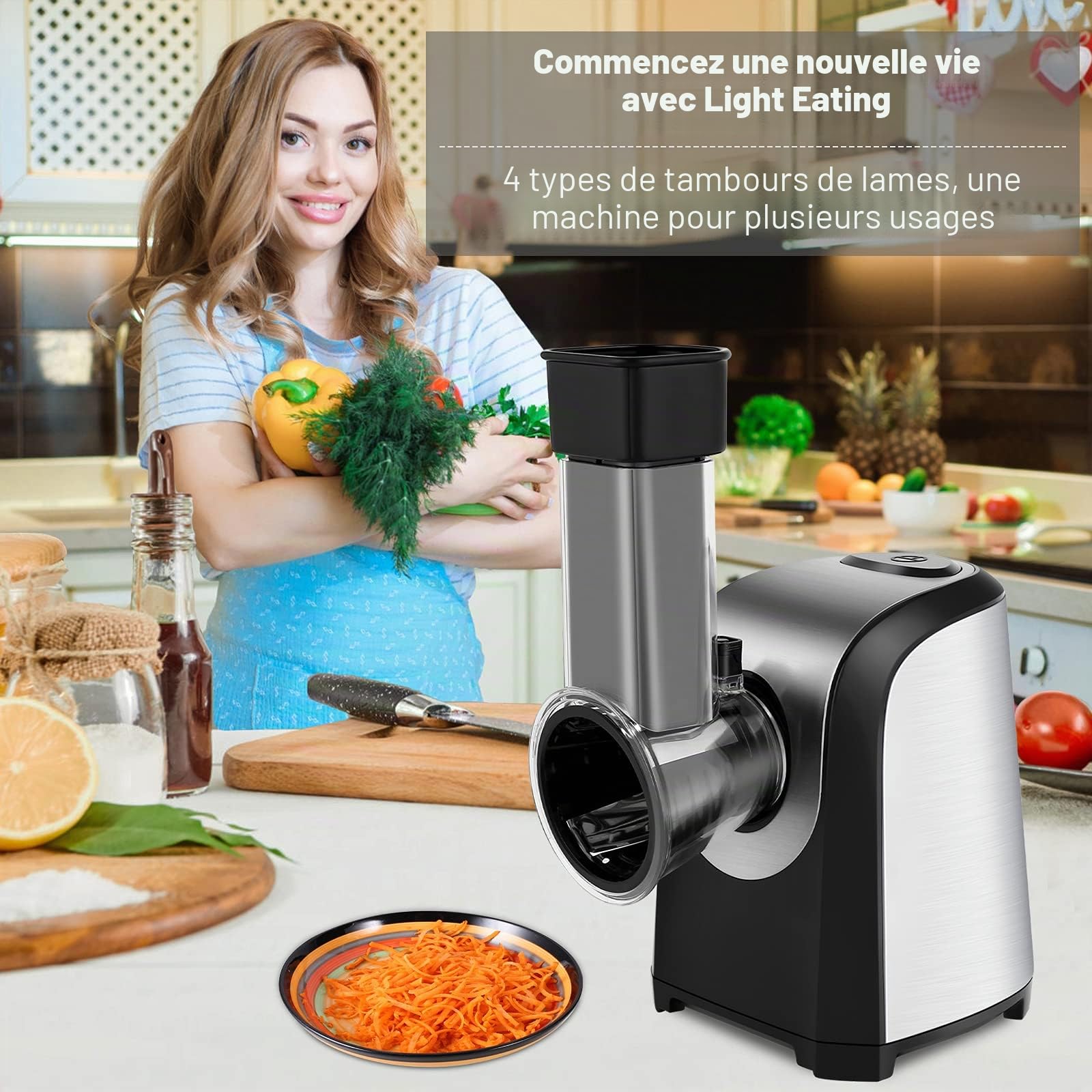 Râpe à Légumes Automatique Electrique Râpe Légumes Râpe à Légumes Râpe Electrique avec 5 Lames Coniques 150W Râpe Electrique avec Commande à Un Bouton