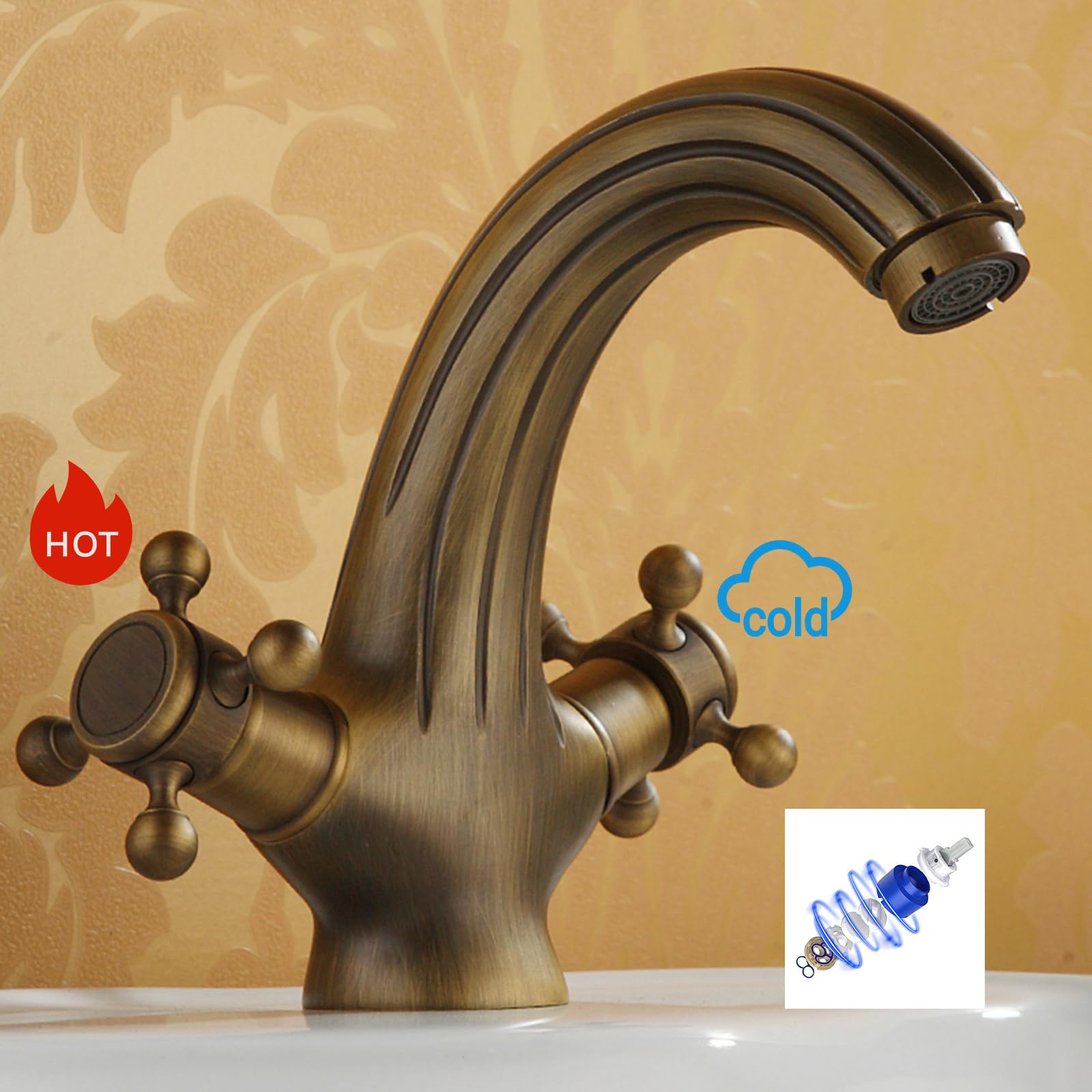BiaoTeng Grifo Lavabo Vintage con 2 Mandos en Cruz agua Fría y Caliente Grifo Baño Laton Retro