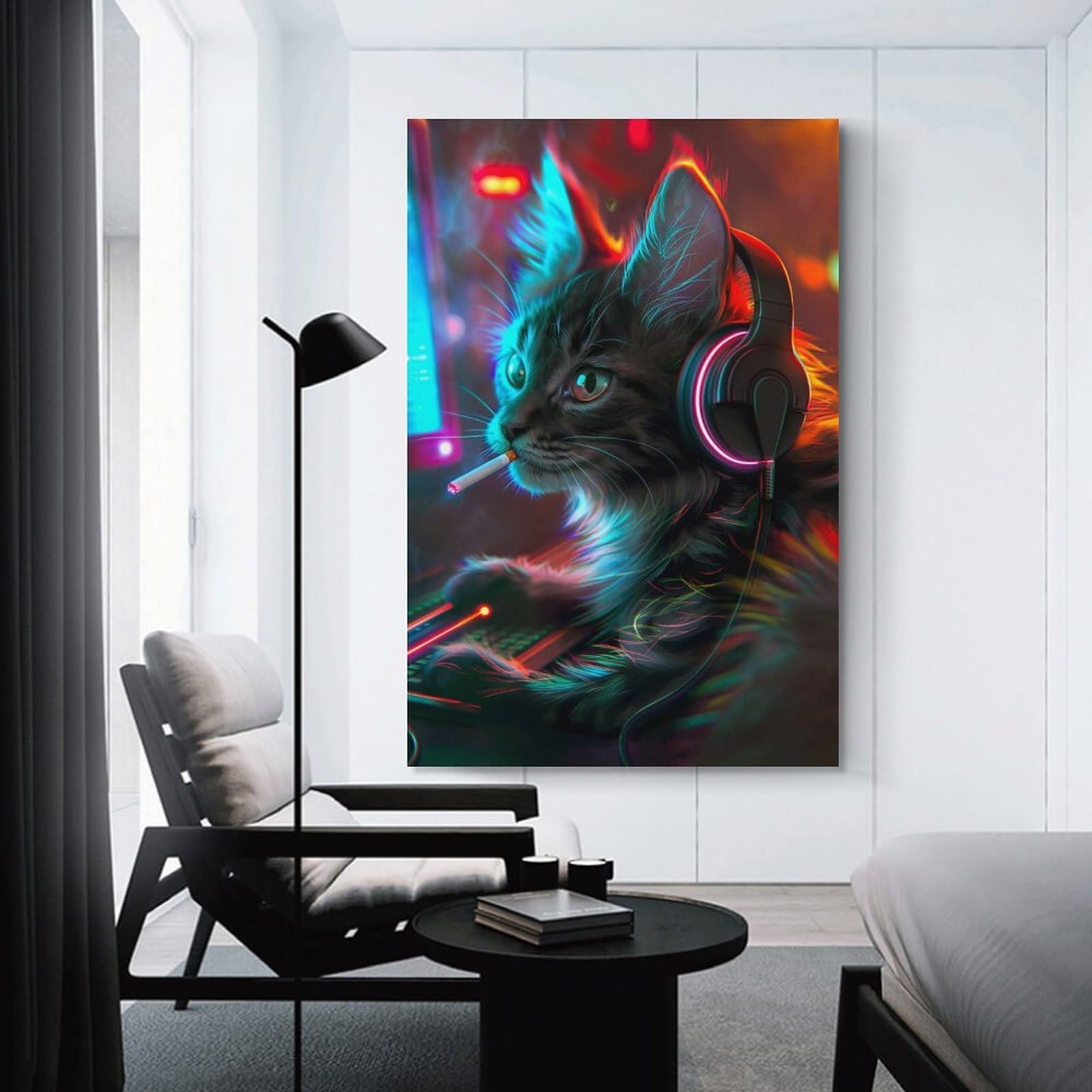 Junmoney Cool Cat Gamer Canvas Wall Art, 24x36inch(60x90cm), for Living Room, Bedroom, Office Or Hallway, Versatile Wall Decor for Many Rooms