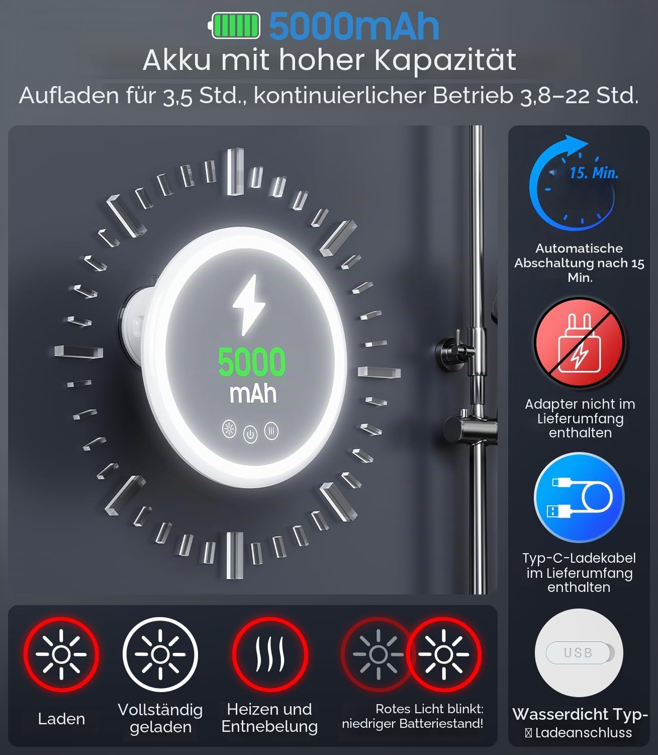 Gospire Beheizter Duschspiegel, beschlagfrei, mit Licht, 5000 mAh Akku, 360° drehbar, 21,1 cm großer Anti-Beschlag-Rasierspiegel mit 3 Farben, stufenlos, dimmbar, inklusive 2 Klebehaken, 3 Stück