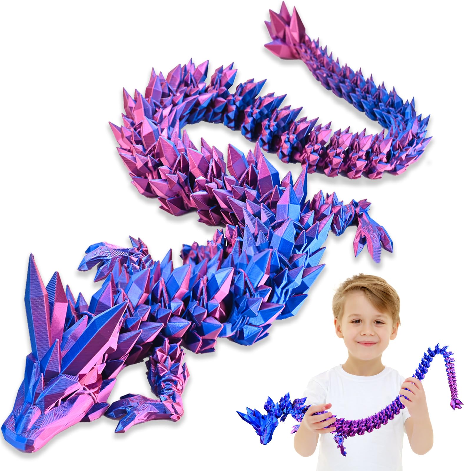 LOCYFENS 3D Printed Dragon Large, 30 Inch 3D Dragon Giant Flexible Articulated Fidget Toy Red Blue, Huge 3D Printed Fidget Toys, Boys Toys for Birthdays, Halloween