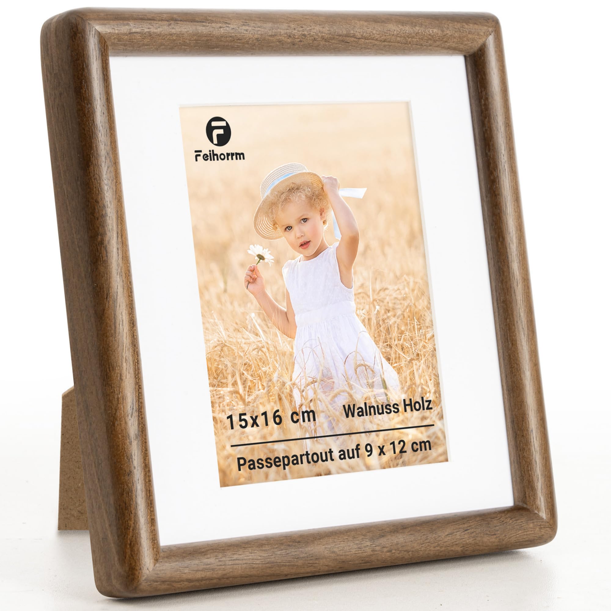 Bilderrahmen 15x16, Bilderrahmen Holz, Gehärtetes Glas, Walnuss Fotorahmen | 15x16 Bilderrahmen mit Passepartout für 9x12 Foto, Holzbilderrahmen für Wohnzimmer, Schlafzimmer, Arbeitszimmer, Wand & Tisch