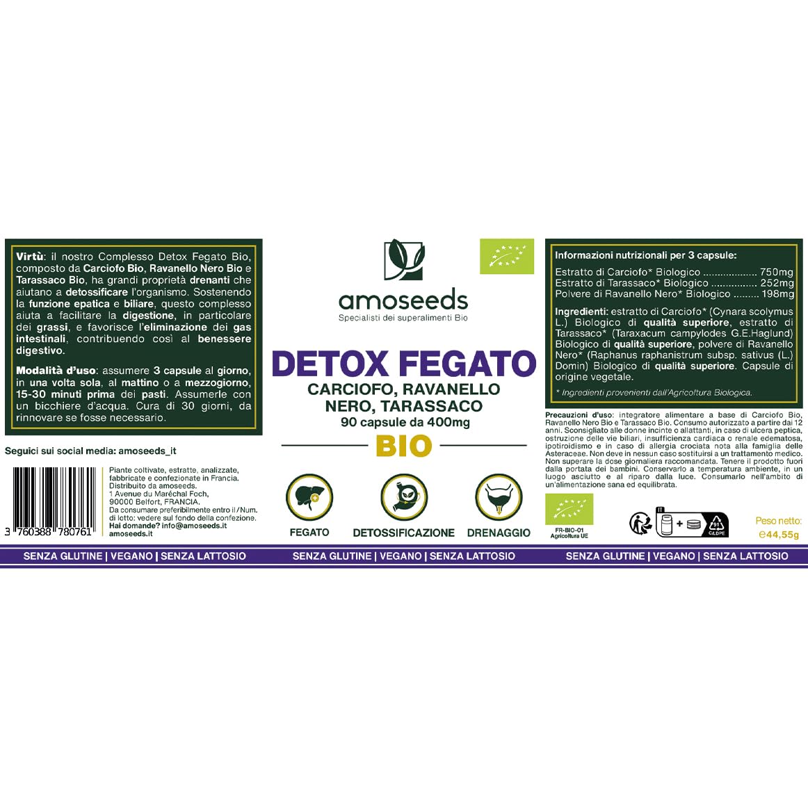 Detox Fegato BIO | Potente Depurativo de la Tossine, Drenante, migliora la Digestione | Carciofo, Ravanello Nero, Tarassaco | 90 capsule vegane, Integratore Detox | Qualità superiore