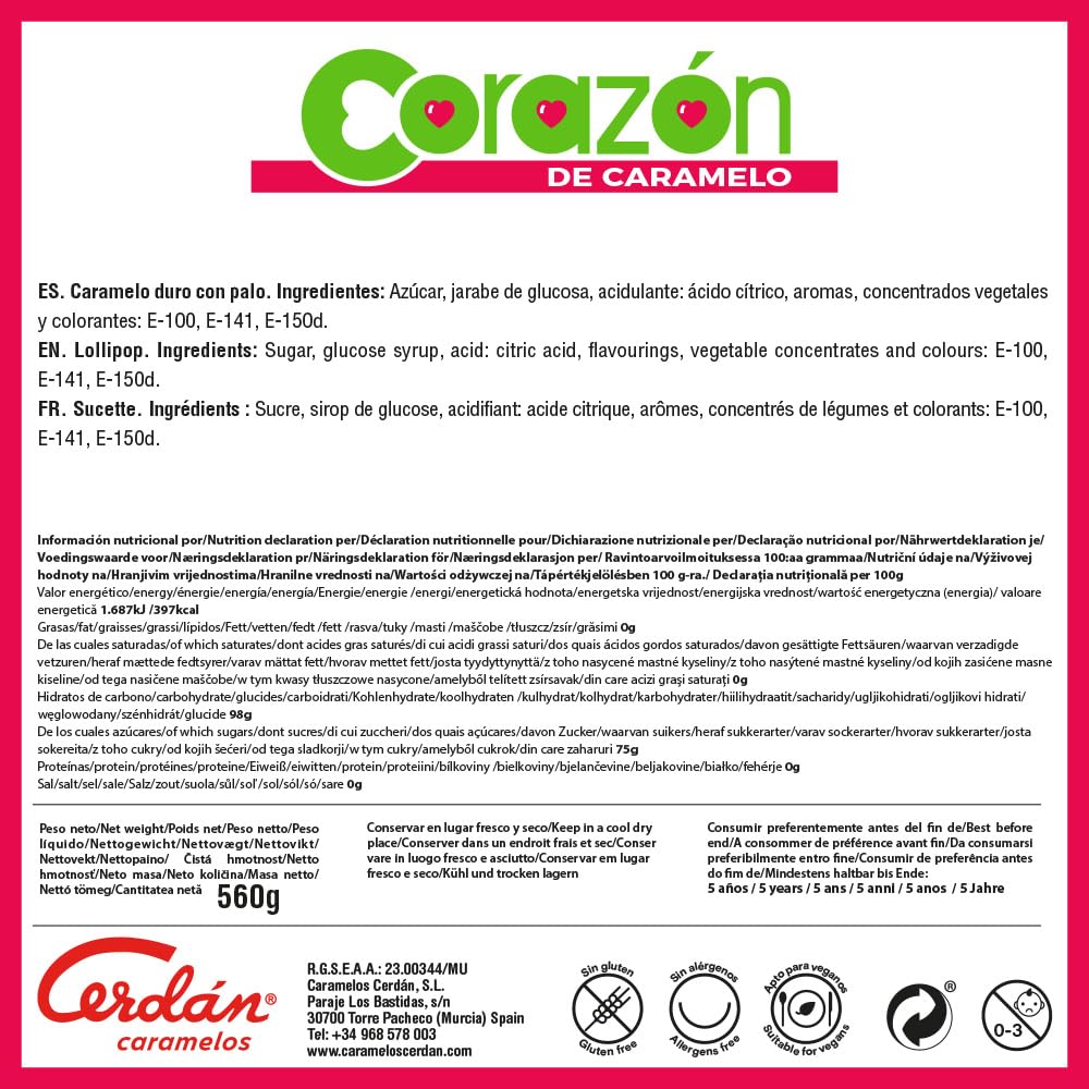 Caramelos Cerdán Piruletas Mini Corazón Bolsa 100 Uds Sabor Fresa Cola Manzana Limón Caramelo Duro con Palo sin Gluten