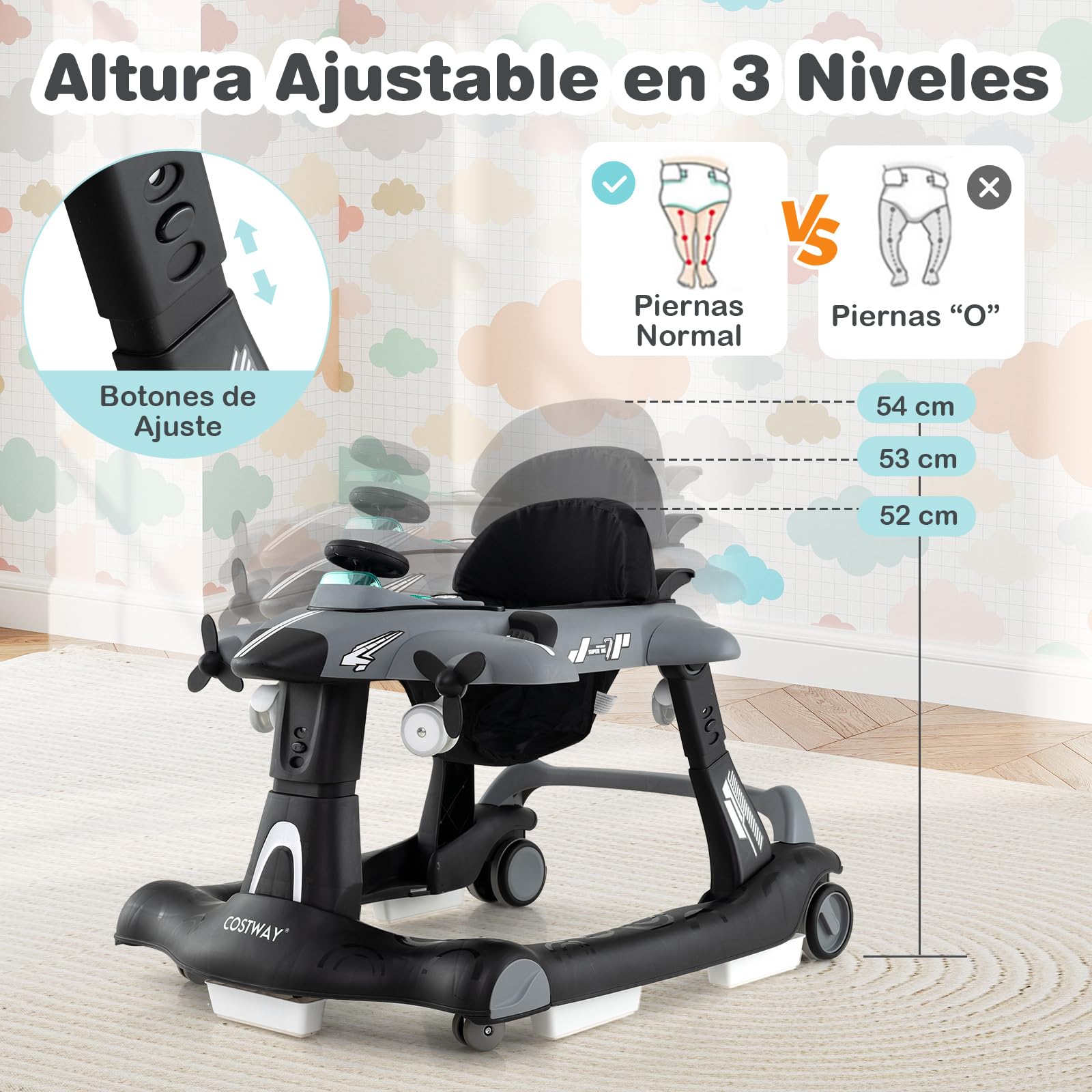 COSTWAY 6 en 1 Andador Bebés, Andador Plegable de Avión, Altura Ajustable en 3 Niveles, 6 Ruedas Universales, Caja de Música Extraíble, Tacata Bebes, Caminador Bebe para Niños de 6-18 Meses (Gris)