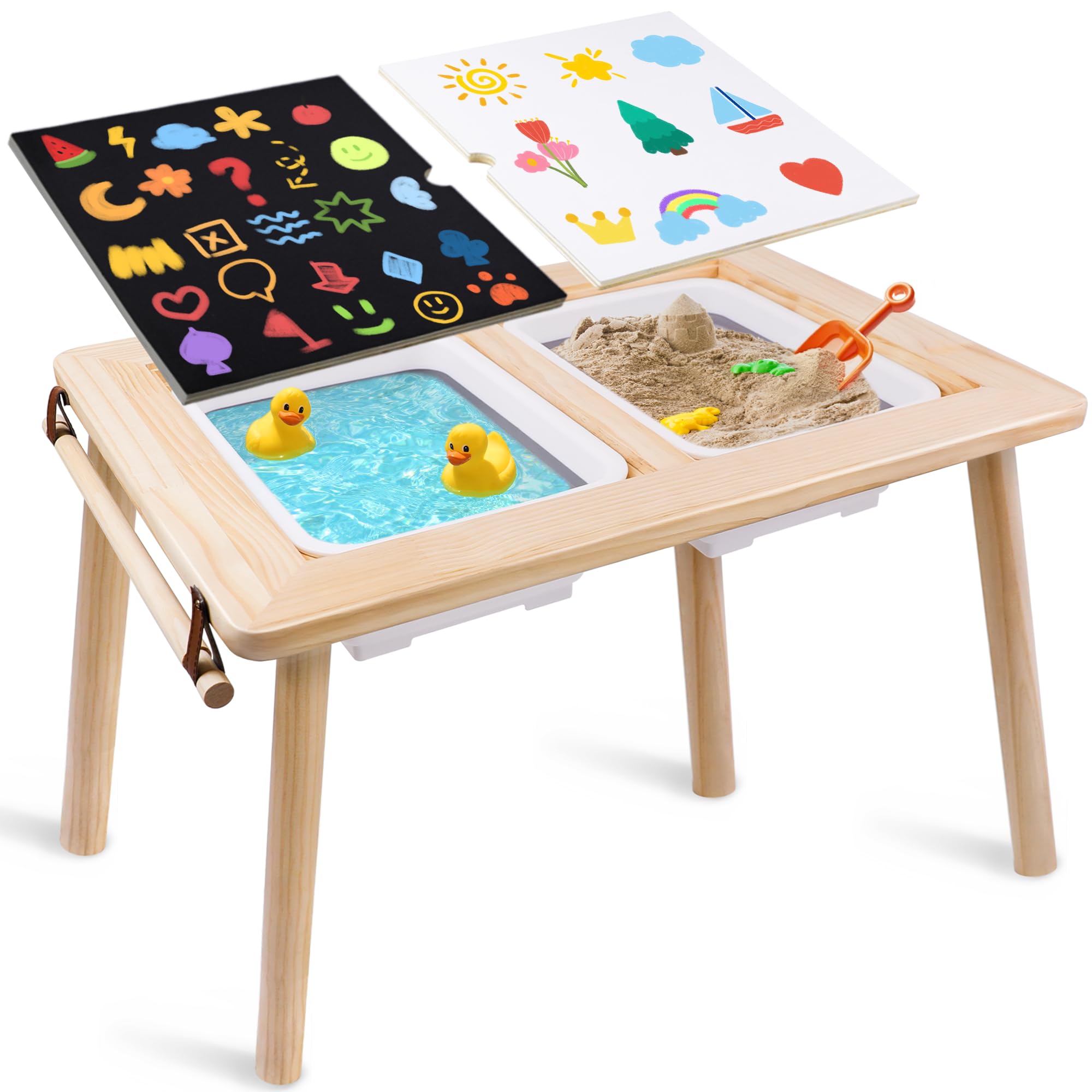 Wooden Sensory Table for Toddlers, Children Table with 2 Storage Bins & Double-Sided Boards, Montessori Activity Table with Non-Slip Feet and Paper Roll Holder,Indoor/Outdoor Play Sand and Water Table