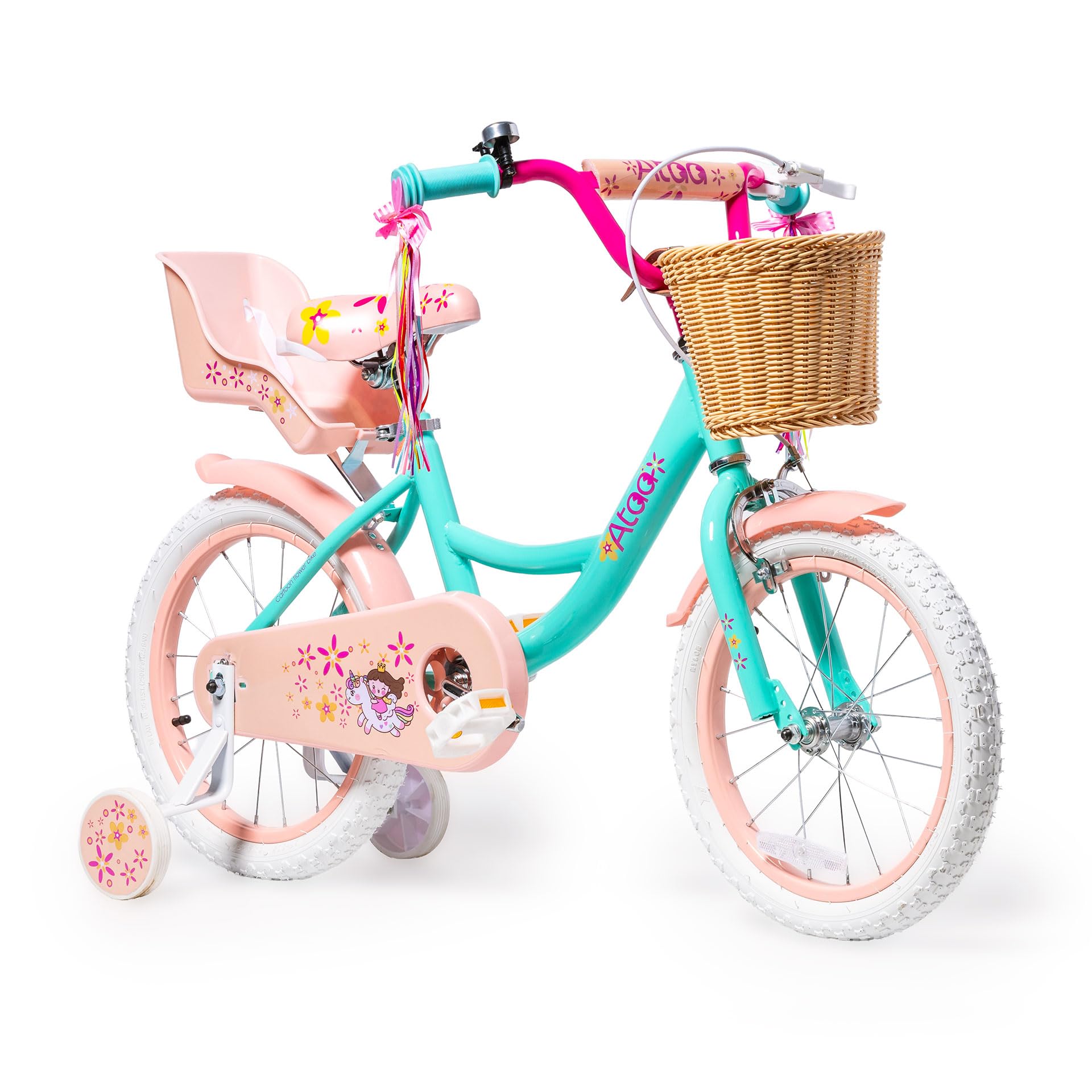 ATAA Bicicleta Infantil Kitty 12 y 16 Pulgadas con Ruedines Desmontables Cesta y Serpentinas Bicicleta para Niñas con Frenos Reflectores y Cuadro de Acero