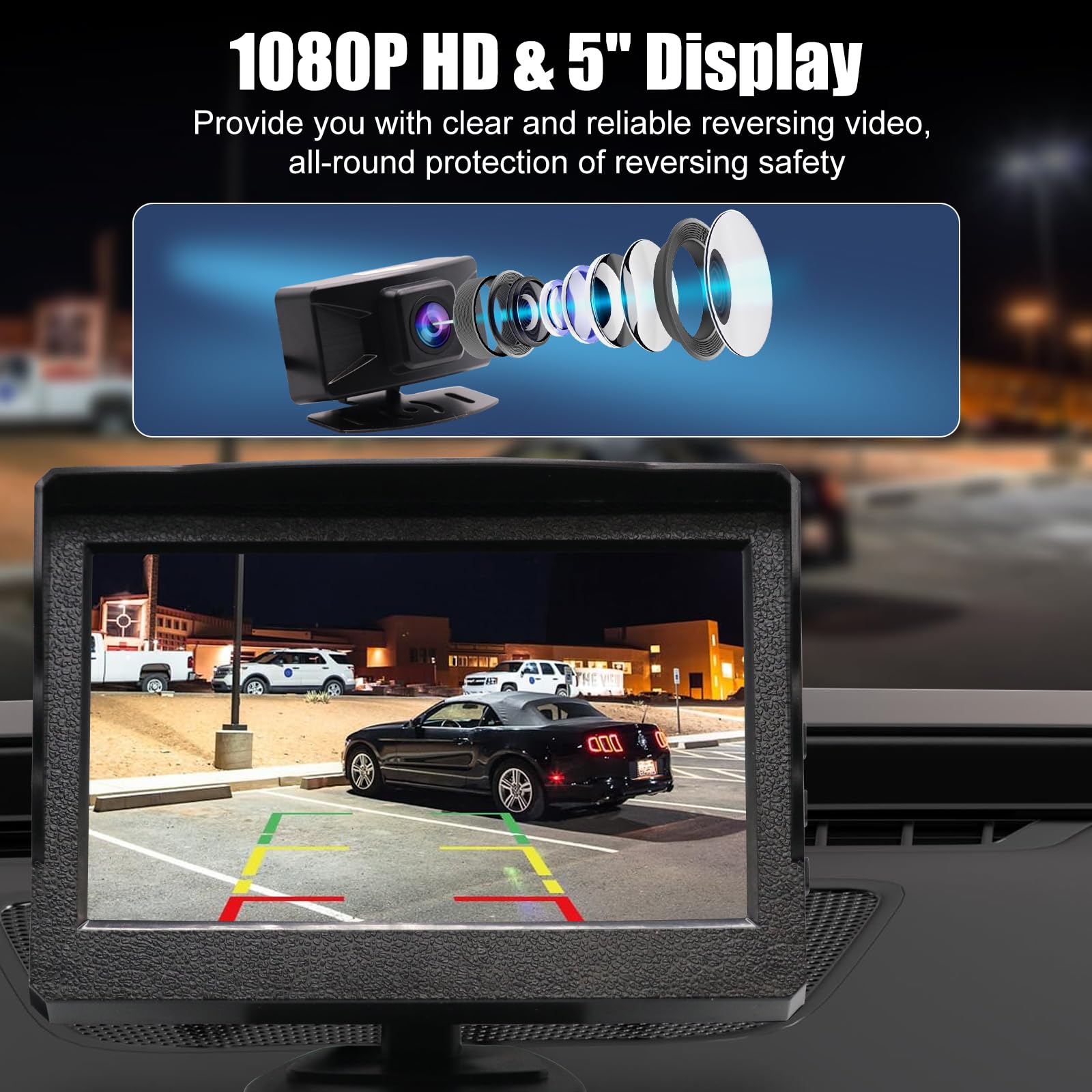 Kit Camara Marcha Atras Coche Inalambrica Digital, 1080P Cámara Visión Trasera WiFi IP68 Impermeable con 5" LCD Monitor, Instalación Simple Transmisión 300M para 12V-36V Camiones camionetas SUV