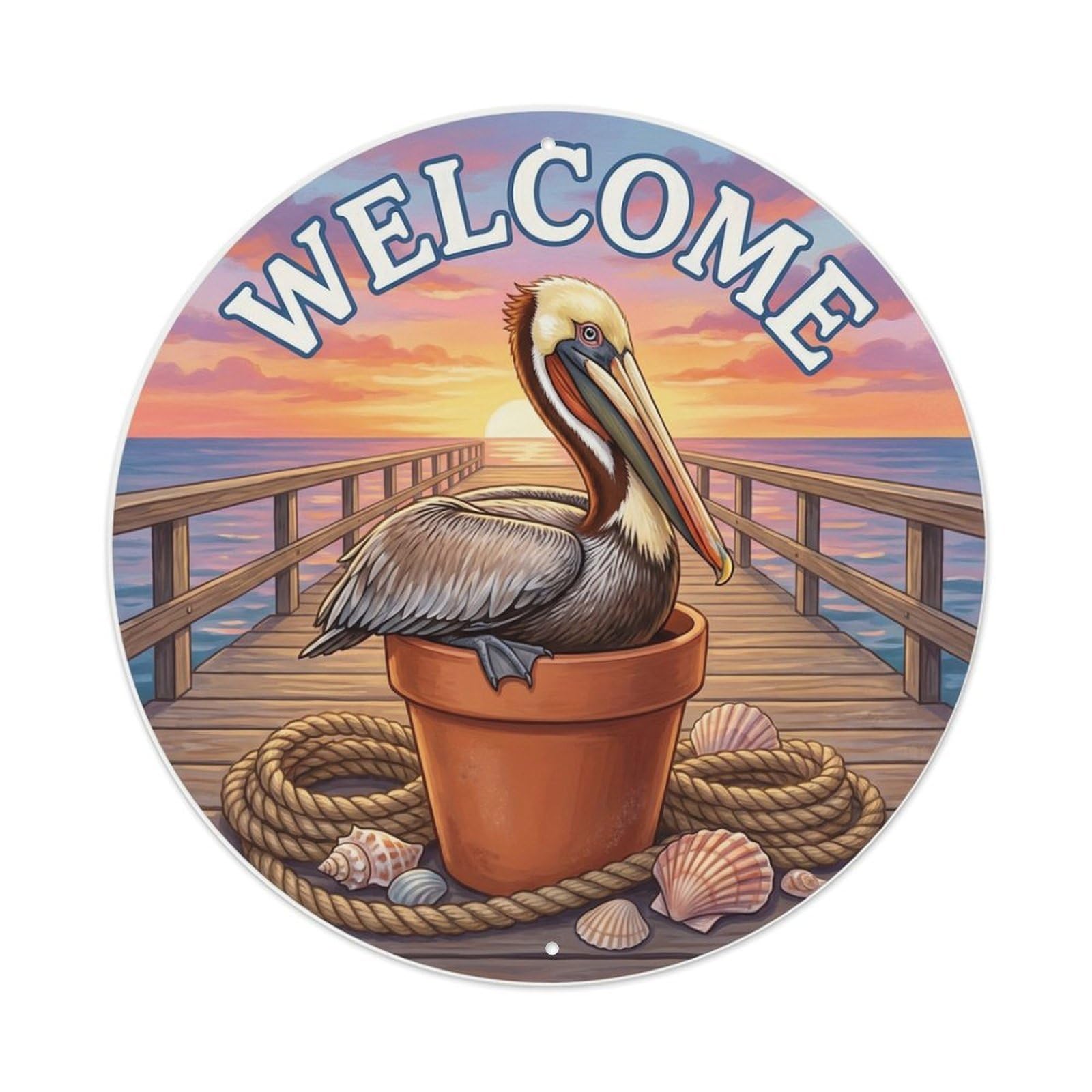 Metal Tin Sign Welcome Pelican Pier Sunset