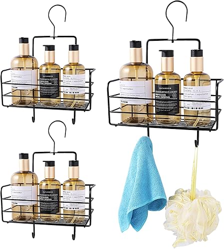 Estante organizador de estante de ducha, paquete de 3 con gancho, autoadhesivo, color negro, estantes de almacenamiento de pared para baño, cesta