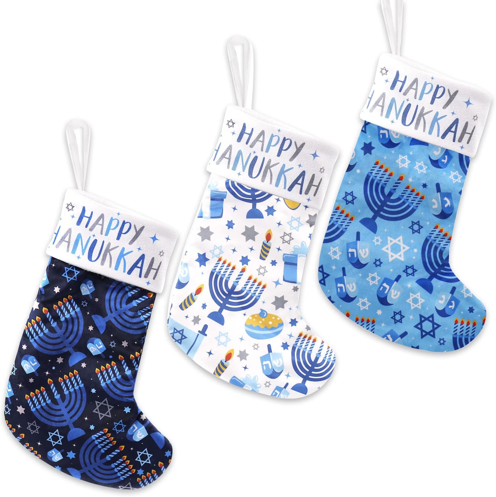 Hanukkah Stockings Set of 3, 16'' x 11'' Chanukah Stockings w/Classic Hanukkah Elements, Nice Size Soft velvet fabric Holiday Gift Storage Socks Hanging Ornament for Fireplace, Stair, Hanukkah Tree