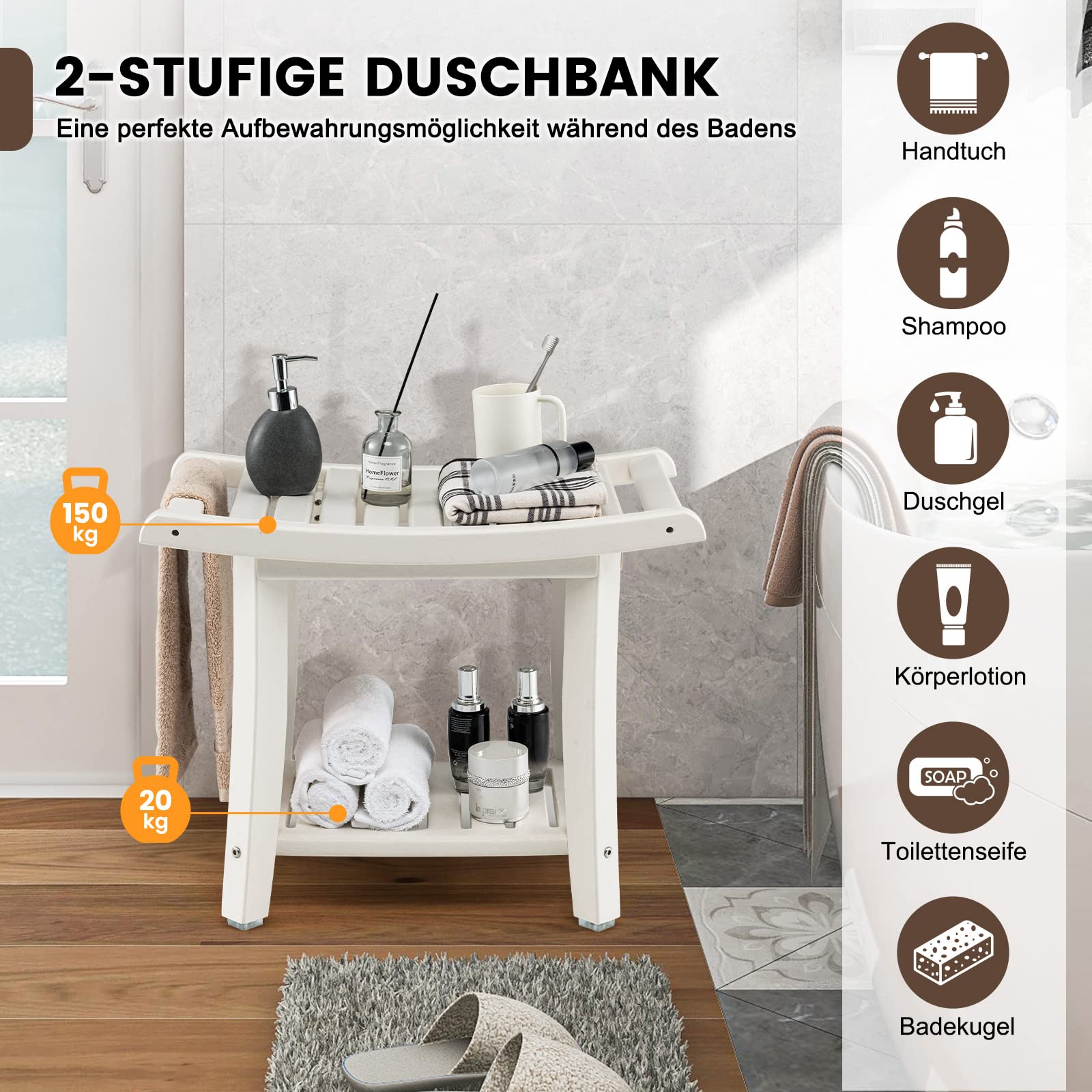 GOPLUS Taburete de Baño HDPE, Banco de Ducha Impermeable con Estante de Almacenamiento para Afeitarse las Piernas y SPA, Asiento de Ducha para Mayores y Mujeres Embarazadas, 60,5 x 34 x 48 cm (Blanco)