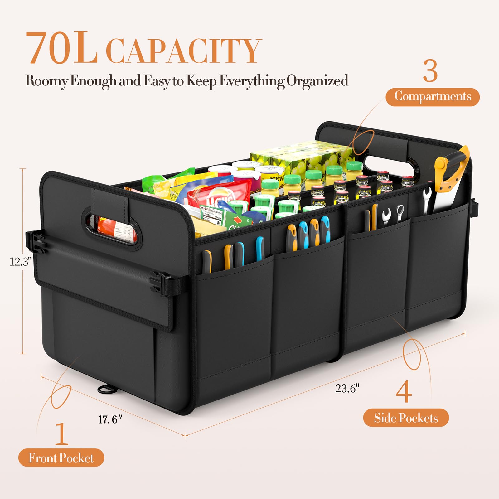 Titiyiof 70L Collapsible Trunk Organizer For SUV & Car - Waterproof, Adjustable Compartments (Green)