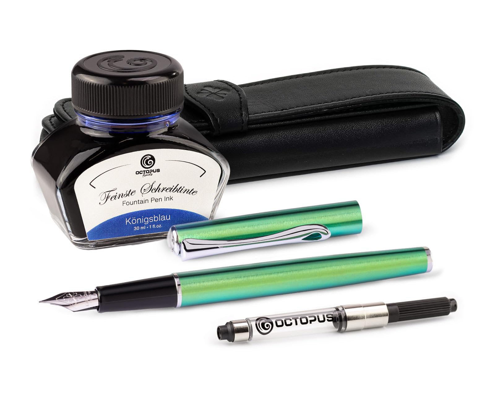 Diplomat Traveller Funky Green zestaw piór wiecznych z metalu, w zestawie z etui na długopisy ze skóry, atrament do pisania w kolorze królewskiego błękitu i konwerterem atramentu, pióro ze stali