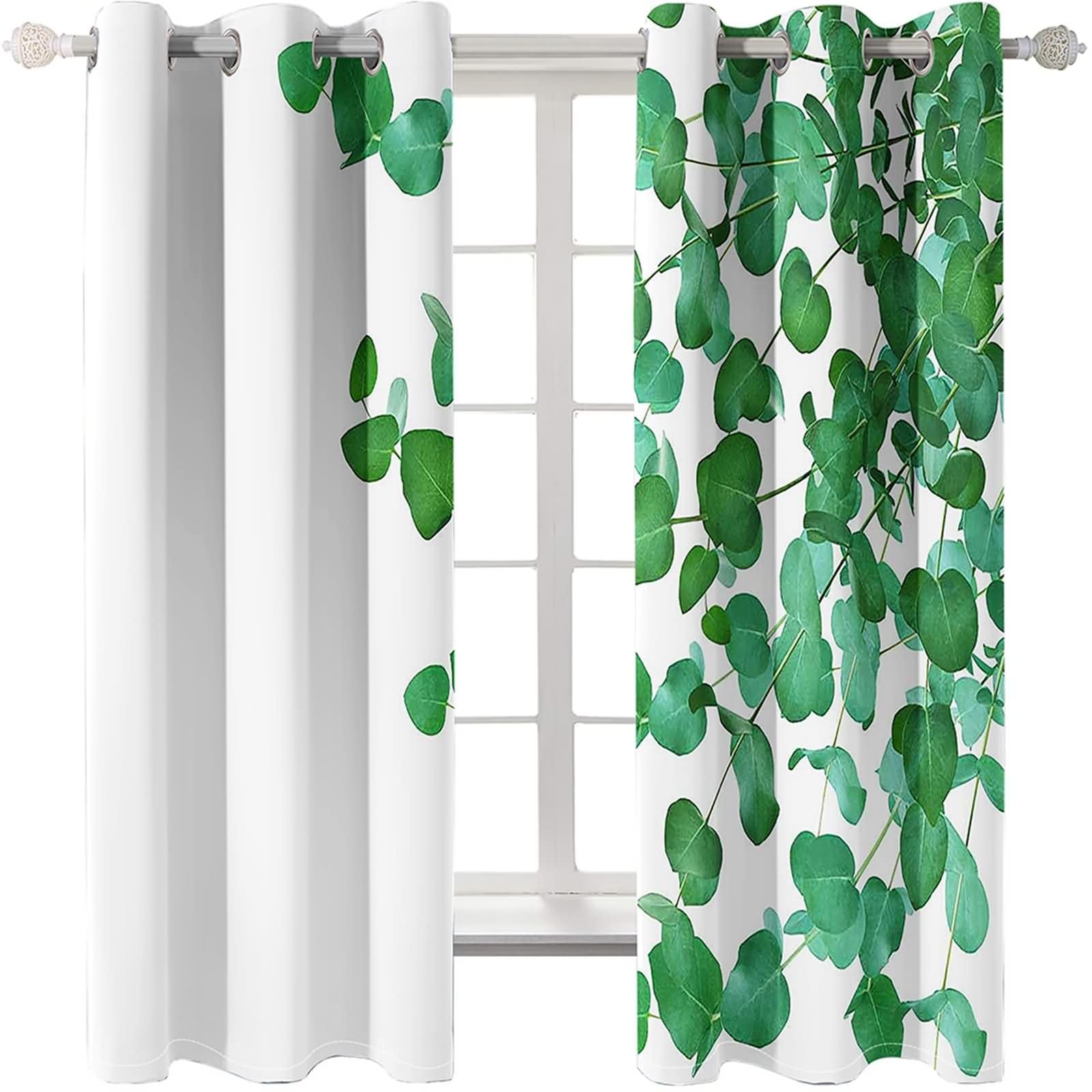 Tenda ad Occhielli Moderna,2 x 96W x 160H CM,Tende Oscuranti per Cameretta 2 Pannelli Motivo di Rami e Foglie Tenda Oscurante Verde Bianco