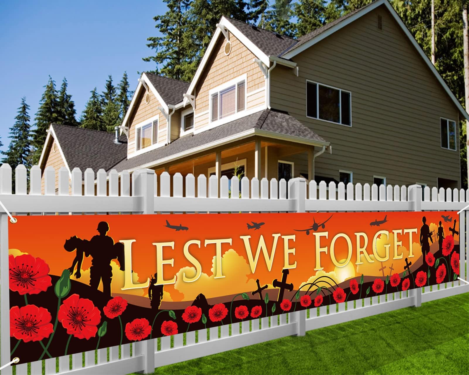 DPKOW Remembrance Day Flag - Lest We Forget Banner, Veterans Memorial Day Hanging Banner for Garden Wall Door Decoration, 300*50CM