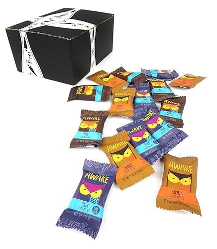 AWAKE - Bocadillos de chocolate con cafeína 3 sabores variedades cinco bocados de aproximadamente 0.53 oz cada uno de leche, oscuro y caramelo