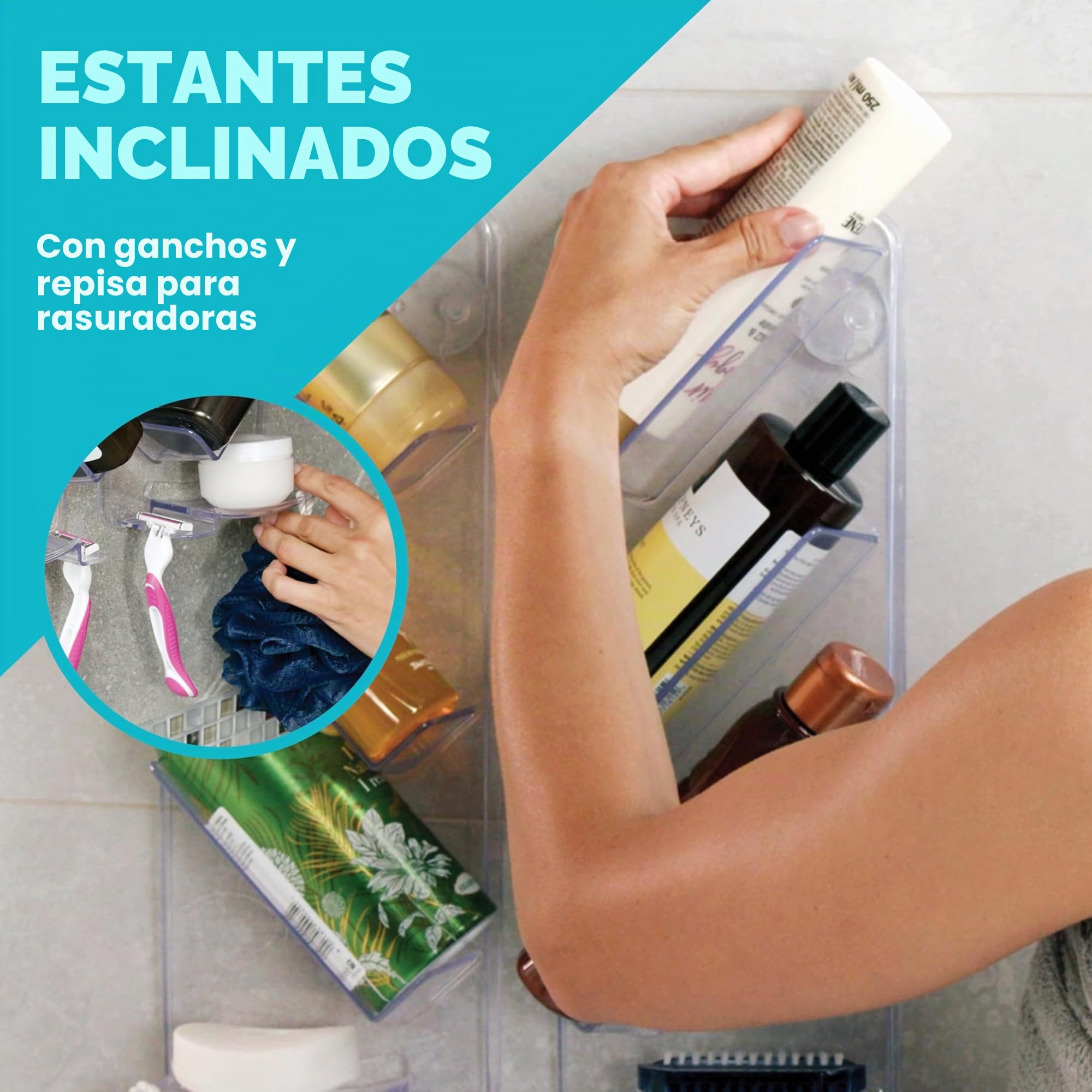 ShowerGem Estanteria Ducha Sin Taladro o Tornillos para Baño - Adhesivo Estantería Organizador con El Gancho Colgante para El Champú y Jabón - Fácil de Limpiar y Mantener