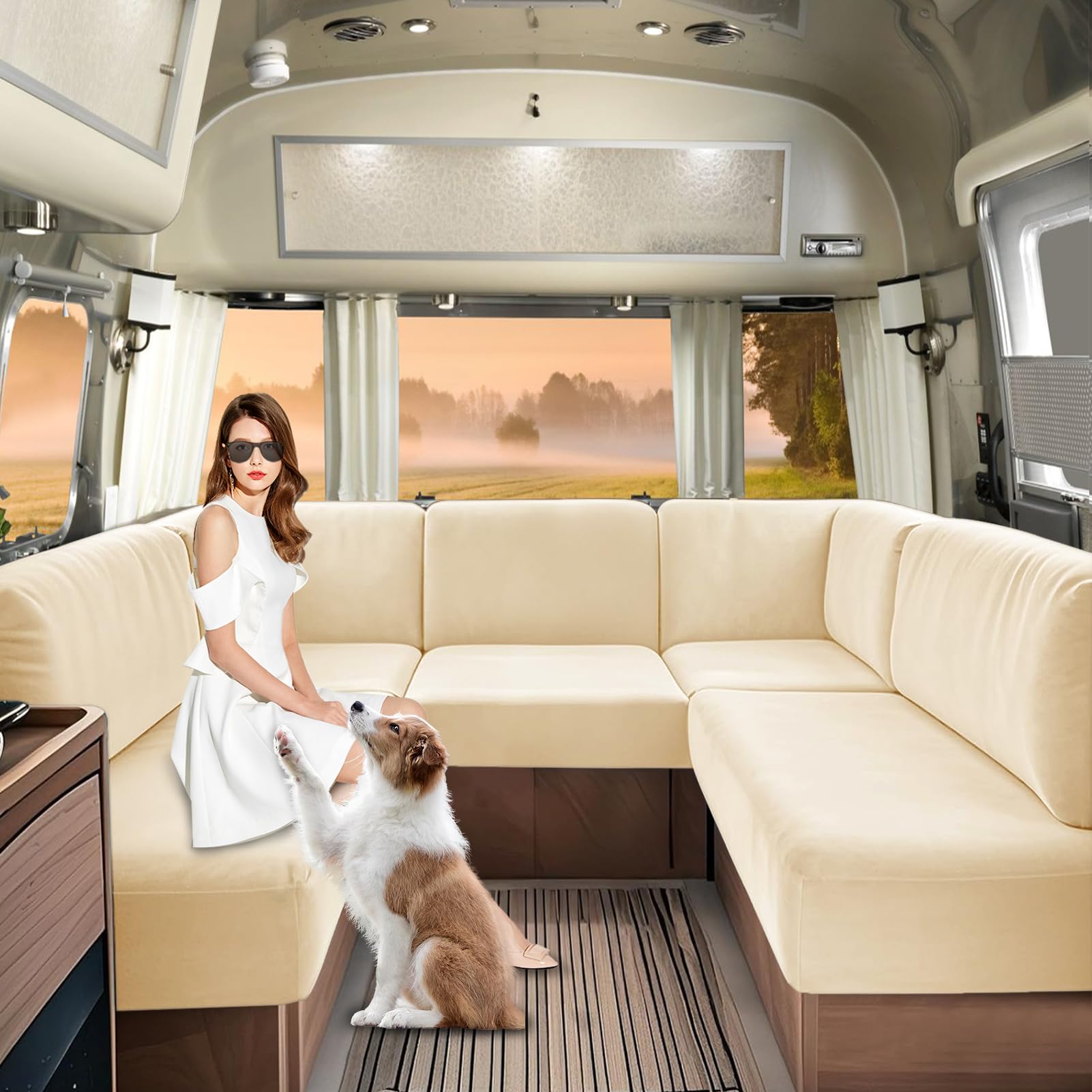 SHUOJIA Caravan Seat Covers Velvet, Motorhome Seat Cover with Elastic-band and Lacing, RV Sofa Cushion Cover for camper Washable（Beige-Pillowcase 45 * 45 cm）