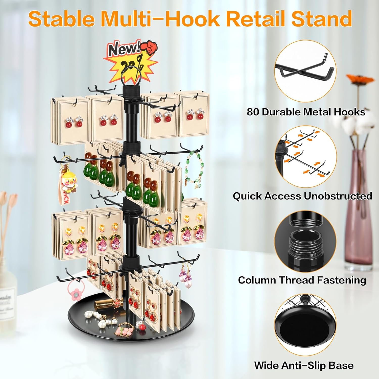 Jewelry Display for Vendors with 80 Hooks, 4 Tier Rotating Display Stand Earring Holder Organizer Adjustable Height, Earring Rack Keychain Necklace Bracelet Display for Retail