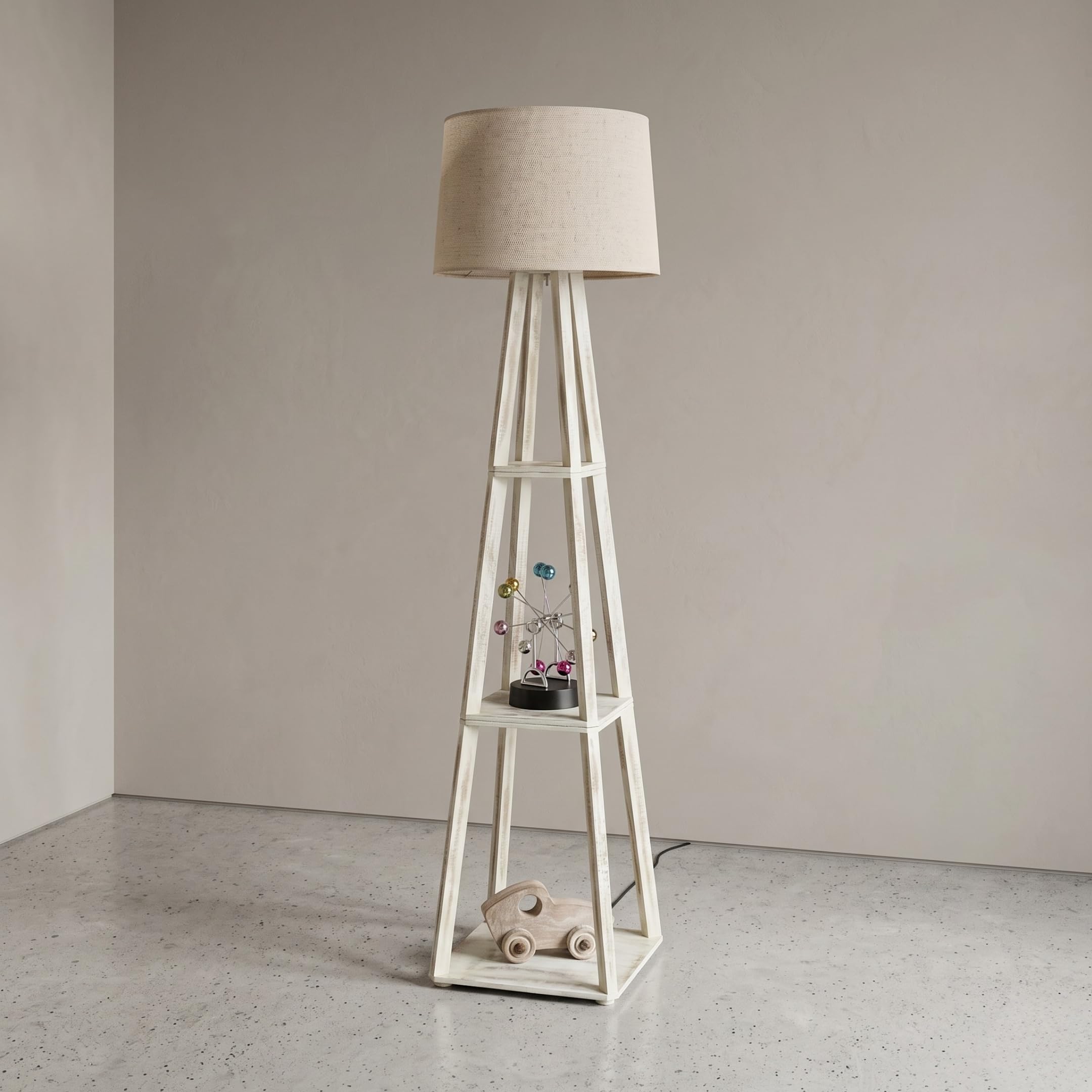 Wooden Floor Lamp with Shelves, 3 Tier Storage Floor Lamp with Fabric Shade, Modern Rustic Standing Lamp for Living Room Bedroom (Rustic White)-image-41