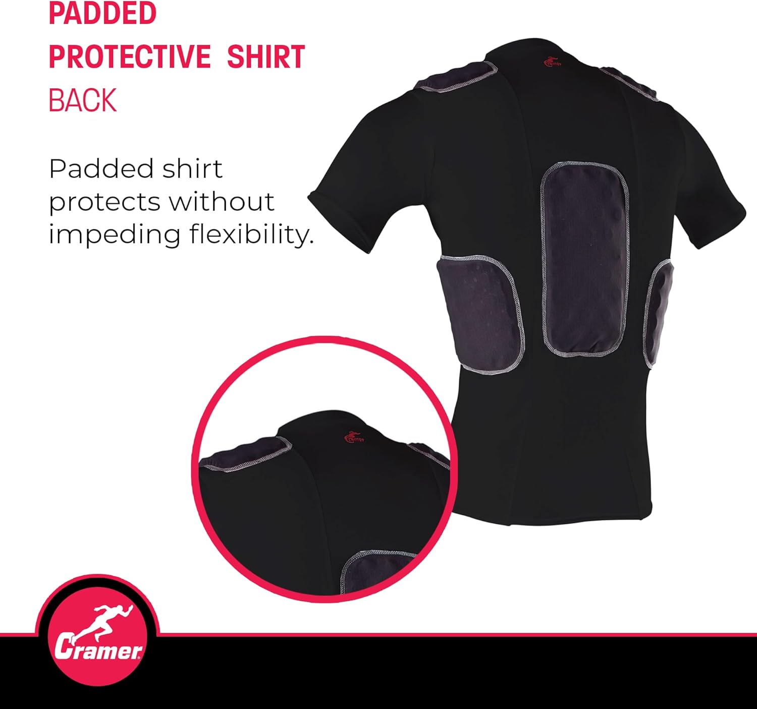 Cramer Lightning 5 Pad Youth Football Shirt with Integrated Rib, Spine and Clavicle Pads, Youth Football Padded Compression Shirt, Rib Protector Shirt, Padded Basketball Shirt, Black, Youth Large