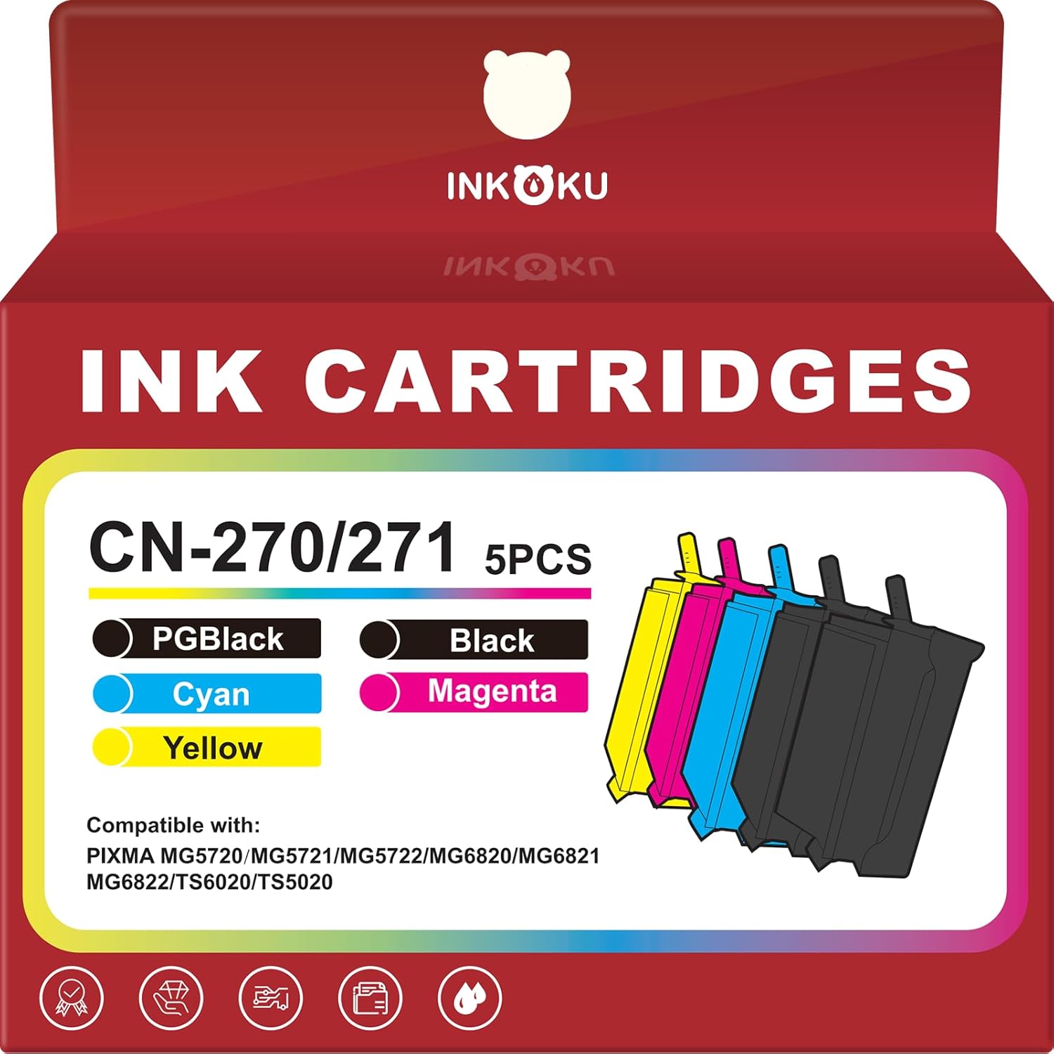 5-Pack Ink Cartridge Set for Canon PIXMA MG6820 MG6821 MG5720 MG5721 MG5722 MG7720 TS6020 TS9020, Compatible PGI-270XL CLI-271XL, PGBK BK C M Y Combo