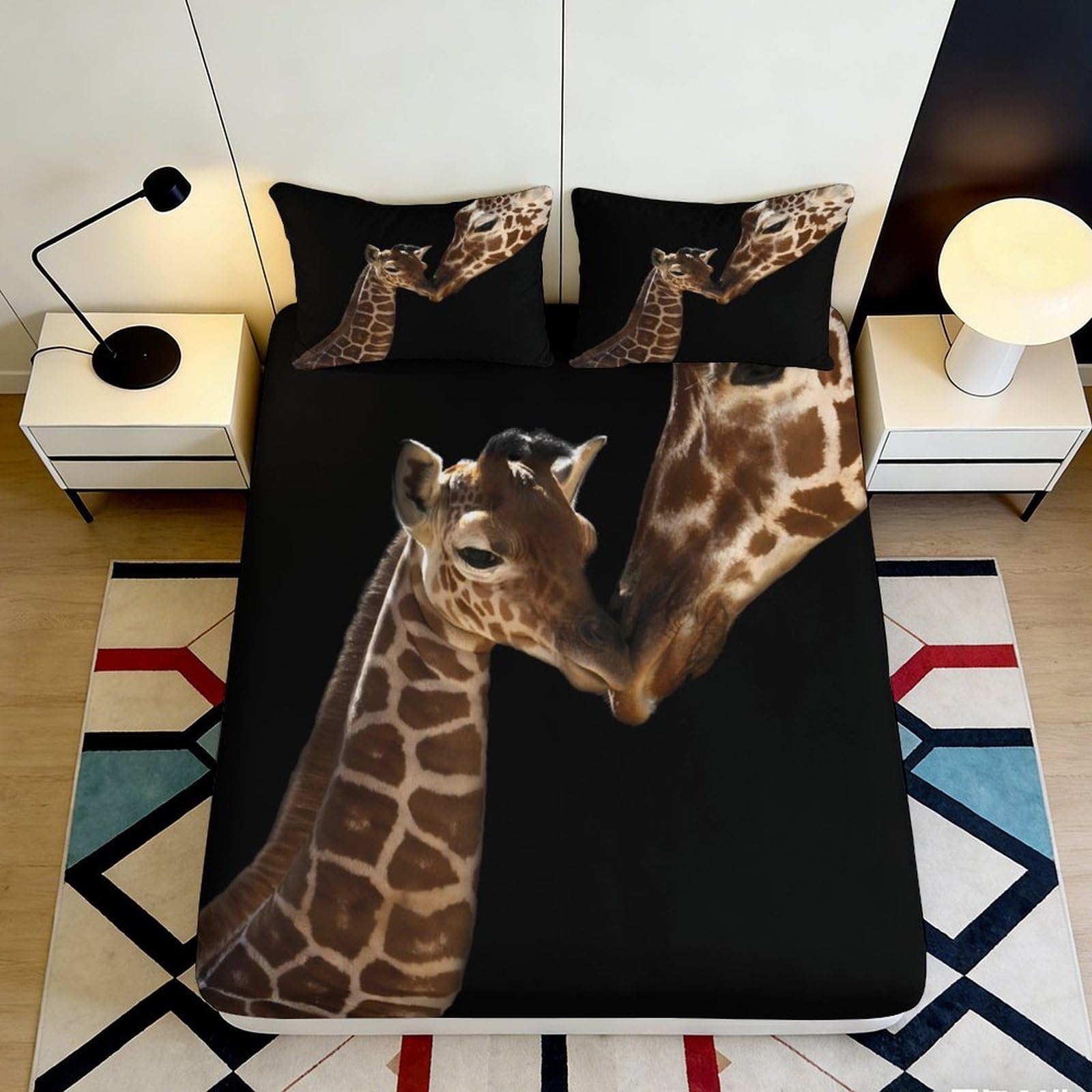 3D Printed Giraffe Pattern Fitted Sheet Microfiber Soft Breathable Mother and Baby Giraffe Bed Cover for Bedroom Dormitory Guest Room Mattress Protection 200x200x25cm