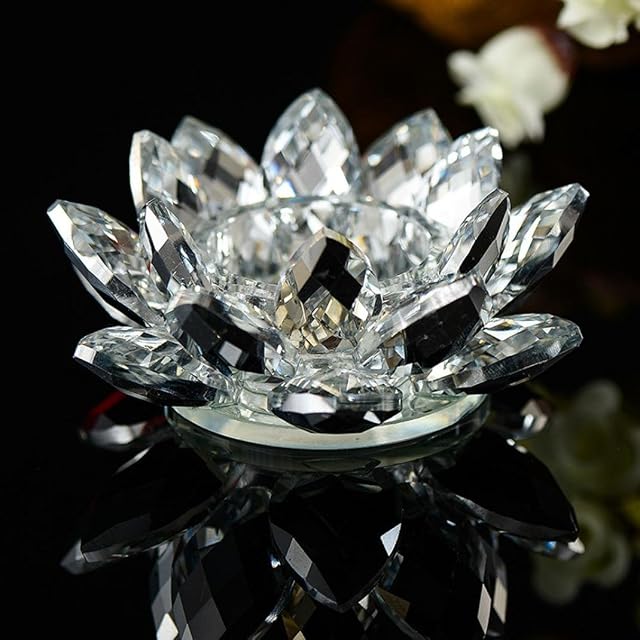 Xshuai 7 Colors 80MM Glass Crystal Lotus Flowers Candle Tea Light Holder Buddhist Candlestick Ornaments Art Craft Table Decoration for Christmas Home Wedding Party Feng Shui Decor Collection (White)