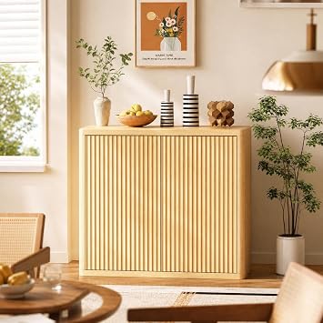 34" 3-Tier Buffet Cabinet with Storage, Storage Cabinet with Double Fluted Doors & Adjustable Shelves, Modern Sideboard, Media Console Table Credenza Sideboard for Dining Room,Living Room and Hallway