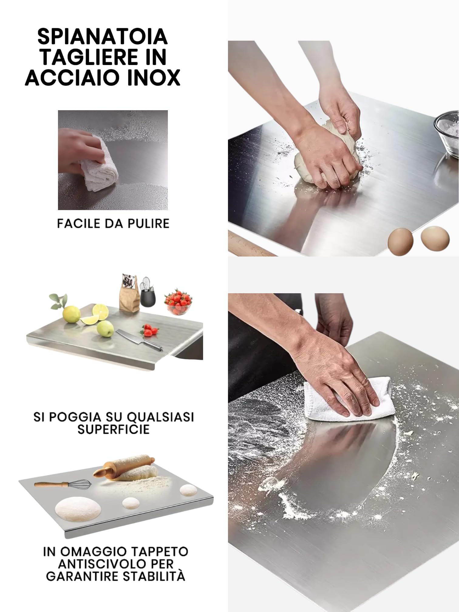 Spianatoia Tagliere in Acciaio Inox 304 per Impastare, con Tappeto Antiscivolo Omaggio (60x48 cm)