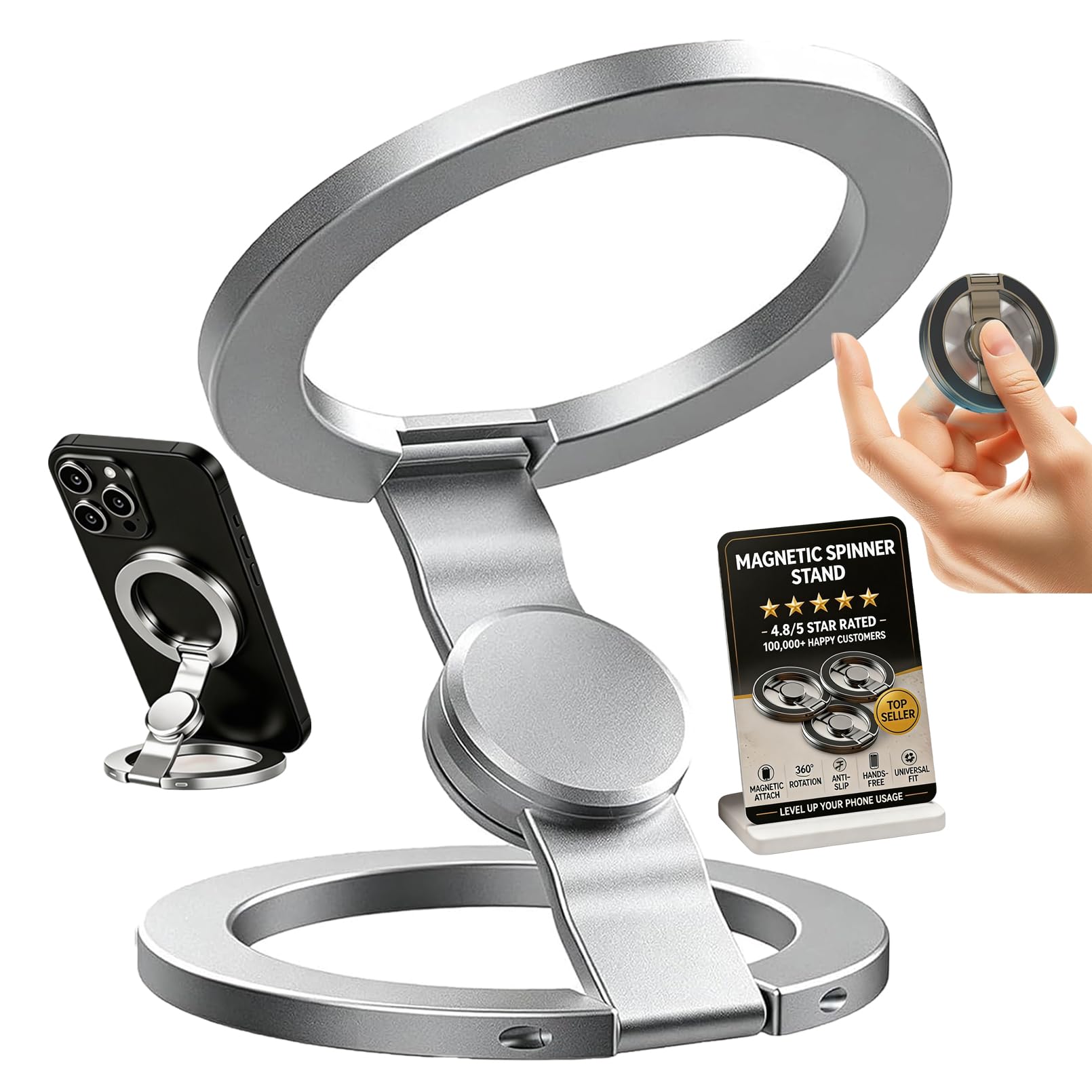 Double-Sided Magnetic Fidget Spinner Stand, Magnetic Phone Stand & Fidget Spinner Combo for Multiple Scenarios, 2 in 1 Fingertip Gyroscope Phone Holder, 360° Rotation, Stable, Portable (Silver)