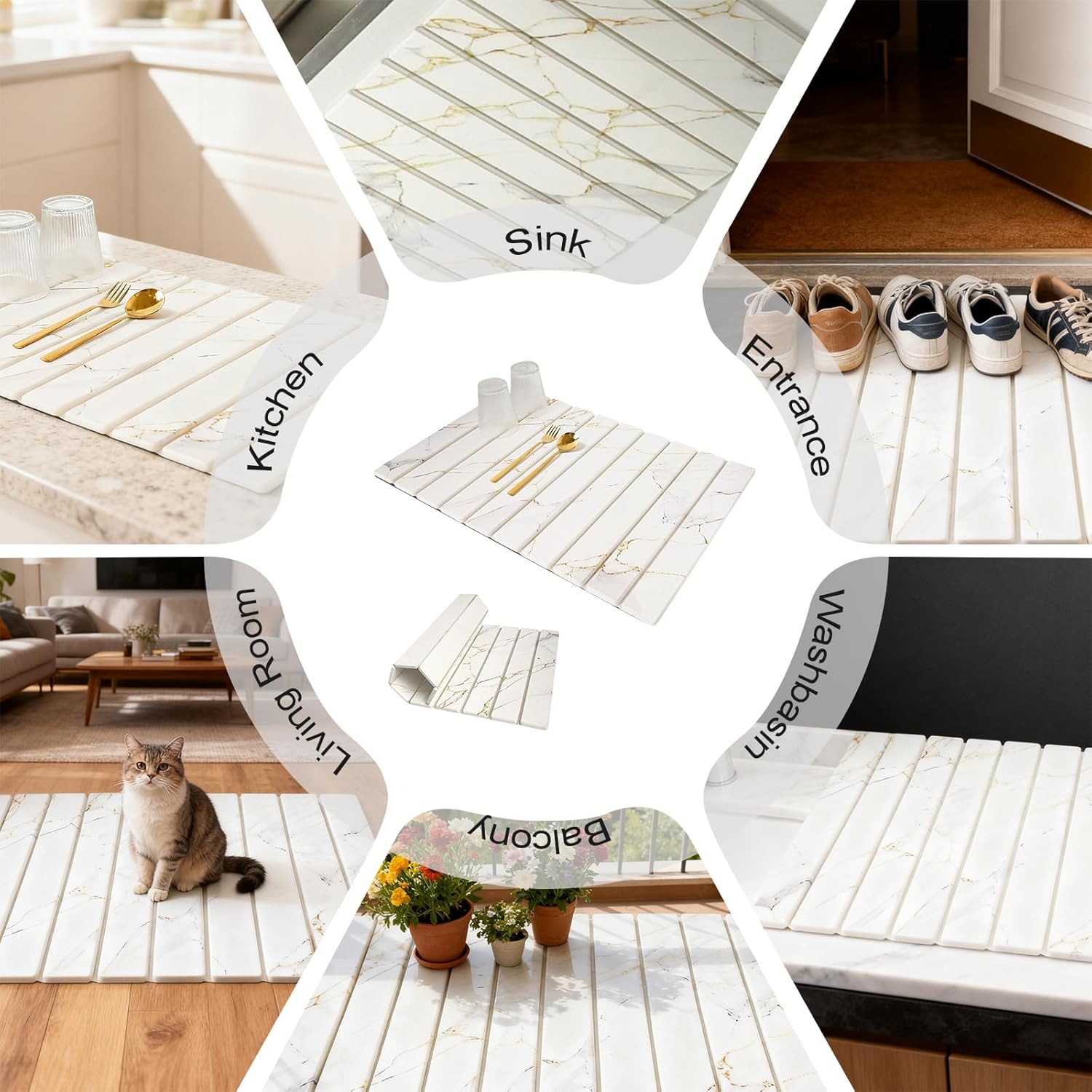 Stone Drying Mat for Kitchen Counter, 24x16 Inch Foldable Diatomaceous Earth Stone Sink, Fast Absorbing Dish Drying Mats for Dishes Bottles Cups, Match any Countertop (White, 24x16 Inch)