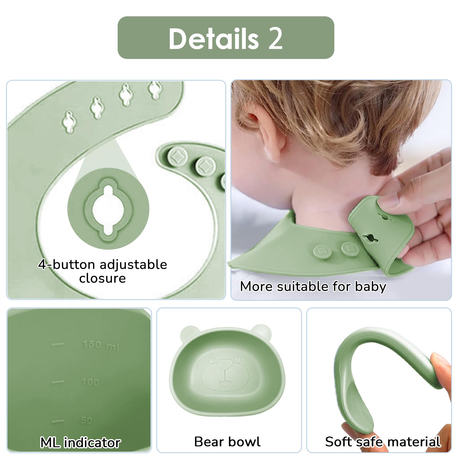 14 Pezzi Set Pappa Svezzamento, Svezzamento Set Silicone Piatto con Ventosa Piatto Ciotola Tazza Bavaglino Cucchiaio Forchetta, Set di Posate per Bambini per Lo Svezzamento e L'Alimentazione (Verde1)