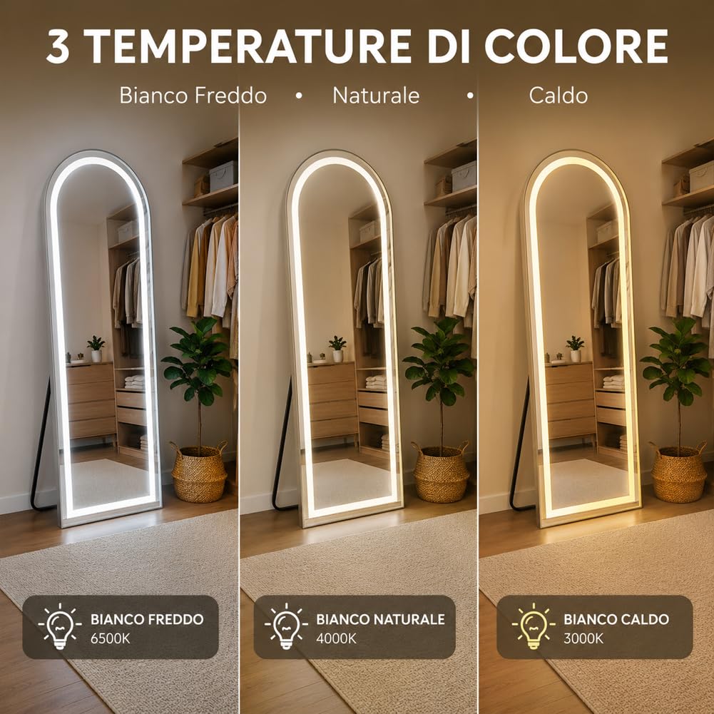 Shally Dogan Specchio Figura Intera ad Arco con Struttura in Alluminio Indipendente e Led a 3 Colori Bianco Freddo, Caldo e Naturale, Illuminazione Dimmerabile e Accensione Touch Moderno, 160 x 50 cm