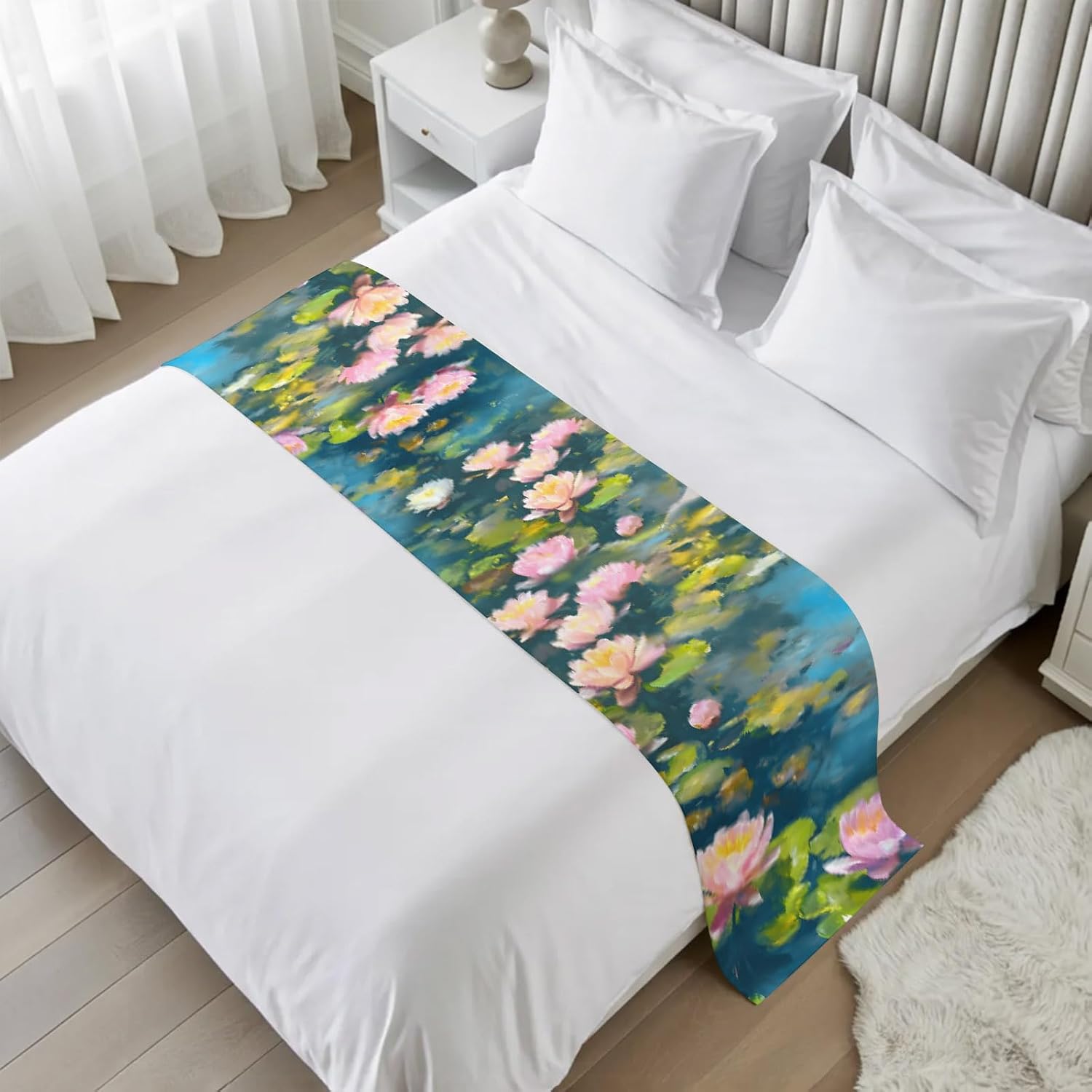 Garden Lotus Bed Runner Cal King Size, Farmhouse Abstract Aesthetic Painting Bed Scarf Protector Slipcover for Bedroom Wedding Room Hotel, Bedding Runner Throws for Foot of Beds 102"x20"
