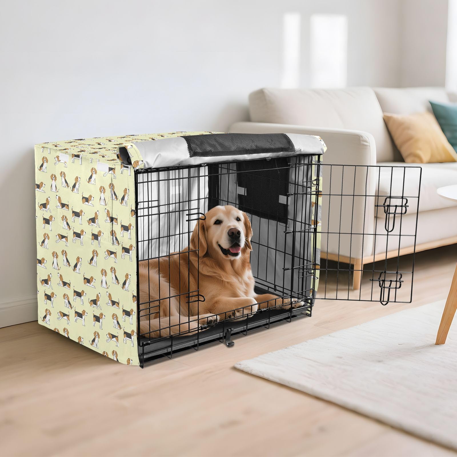 Uroczy beagle psy pies pokrowiec na klatkę dla zwierząt domowych pokrowiec na klatkę dla psa ochraniacz na klatkę jasnożółty 91 cm